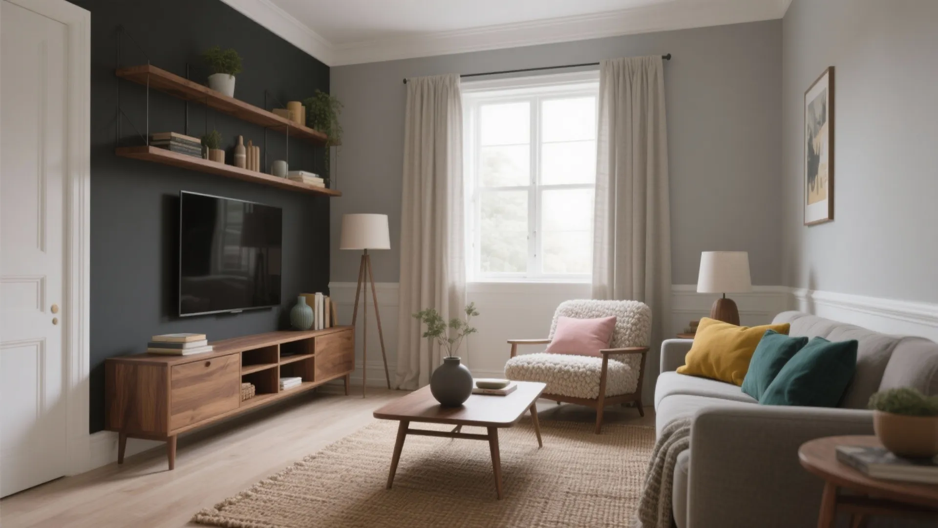 Modern living room with dark grey wall wooden cabinet television grey sofa and colorful pillows