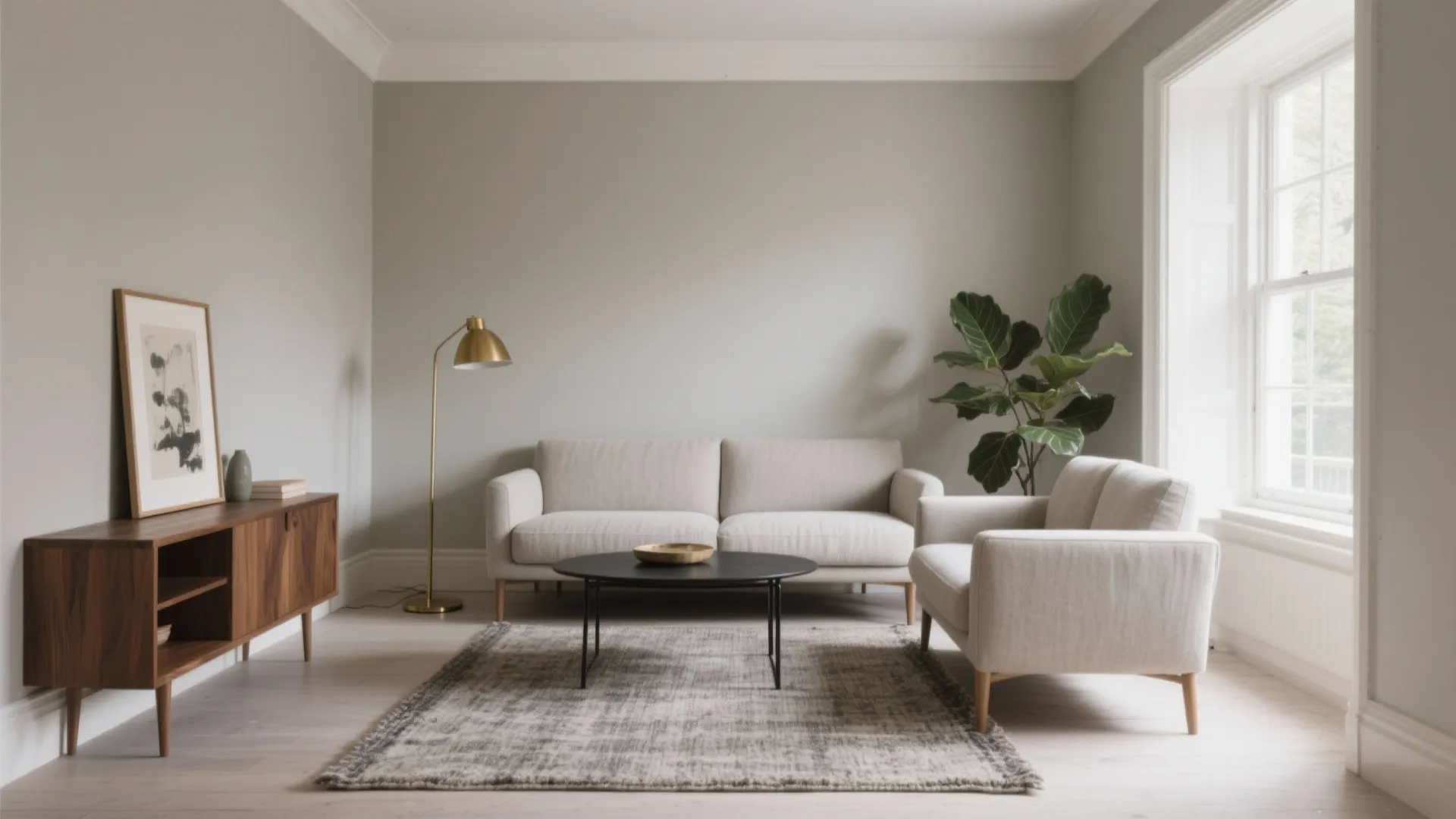 Minimalist living room featuring grey sofa arm chair wooden cabinet floor lamp and large green plant
