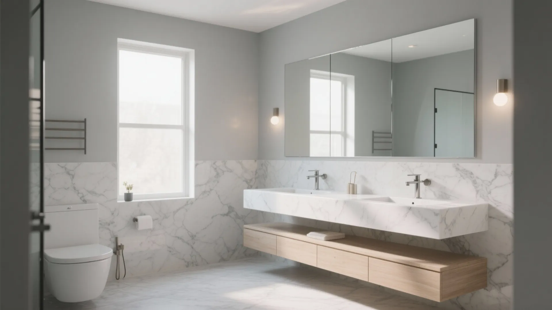 Modern bathroom featuring white marble wall tiles wooden cabinet double sinks large mirror and natural light