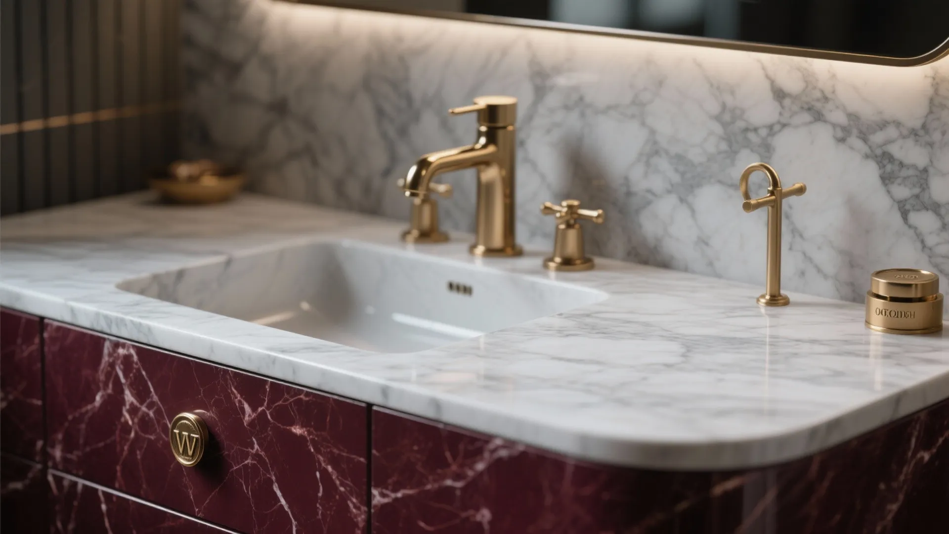 Modern bathroom sink with white marble countertop gold water tap and burgundy cabinet storage design