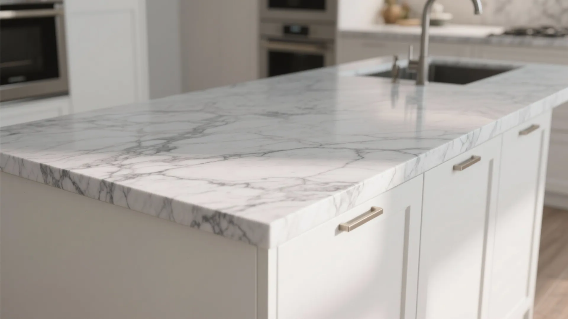 Modern white kitchen island with grey marble countertop and metal sink in a bright room