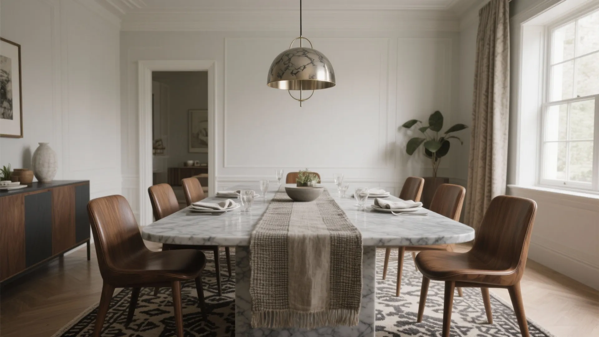 Bright dining room featuring marble table wooden chairs ceiling light and large window with curtains