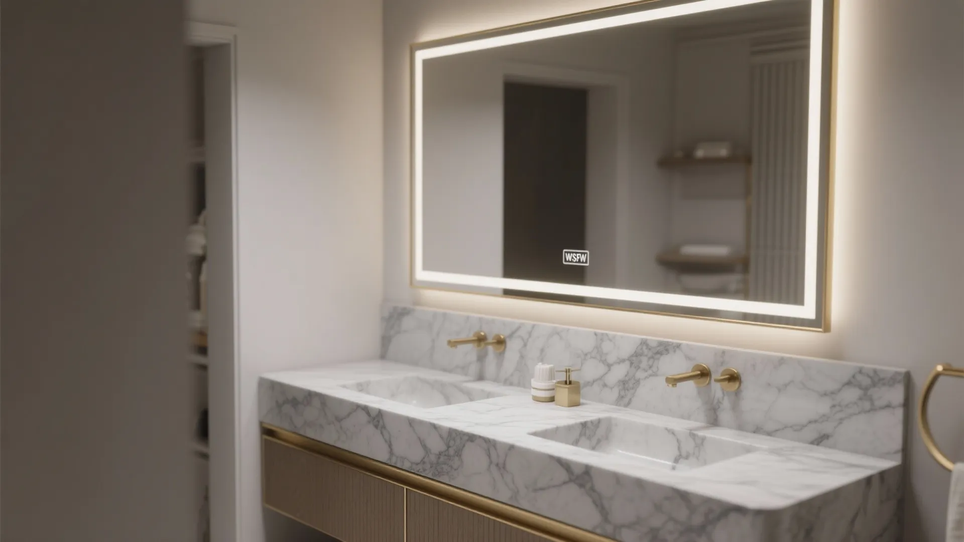 Modern bathroom with grey marble double sink vanity gold faucets and large glowing lighted mirror
