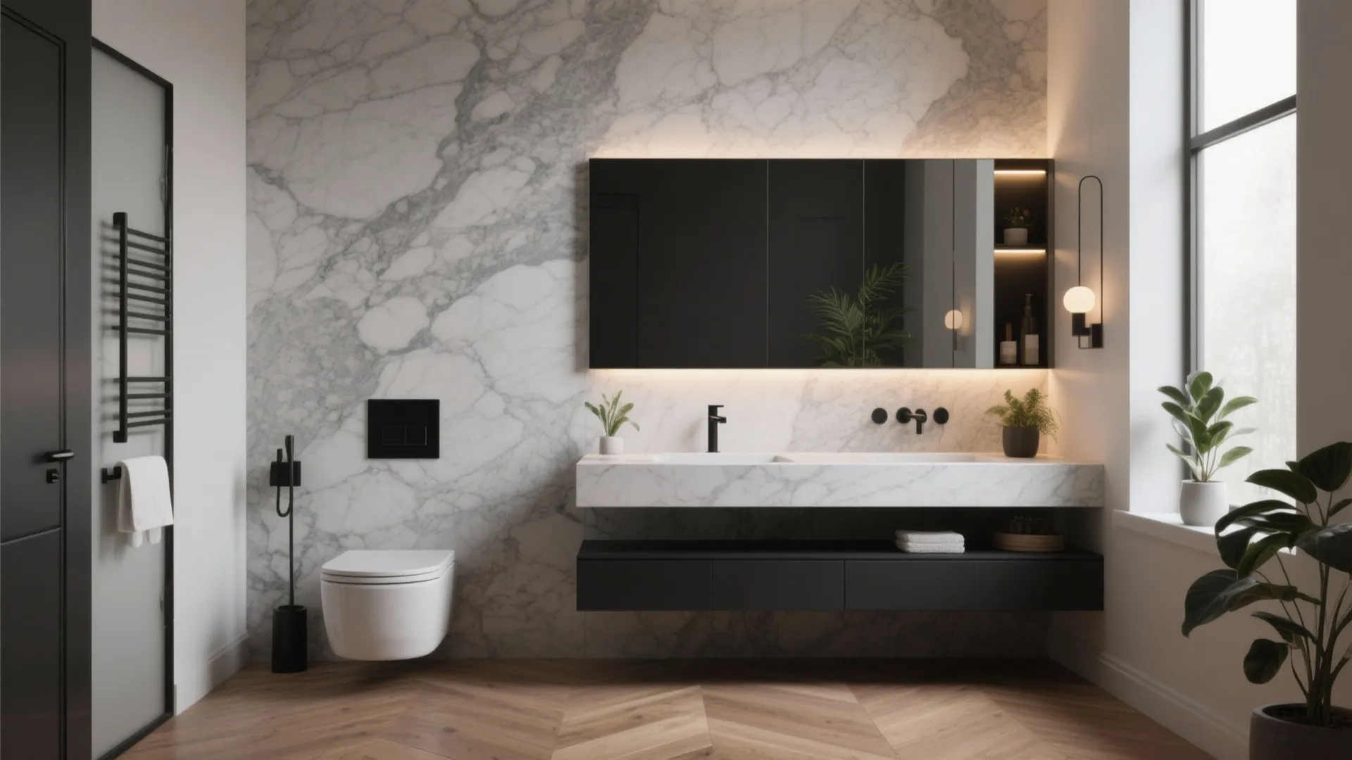Contemporary bathroom with marble walls black cabinet white toilet wall light and green house plants