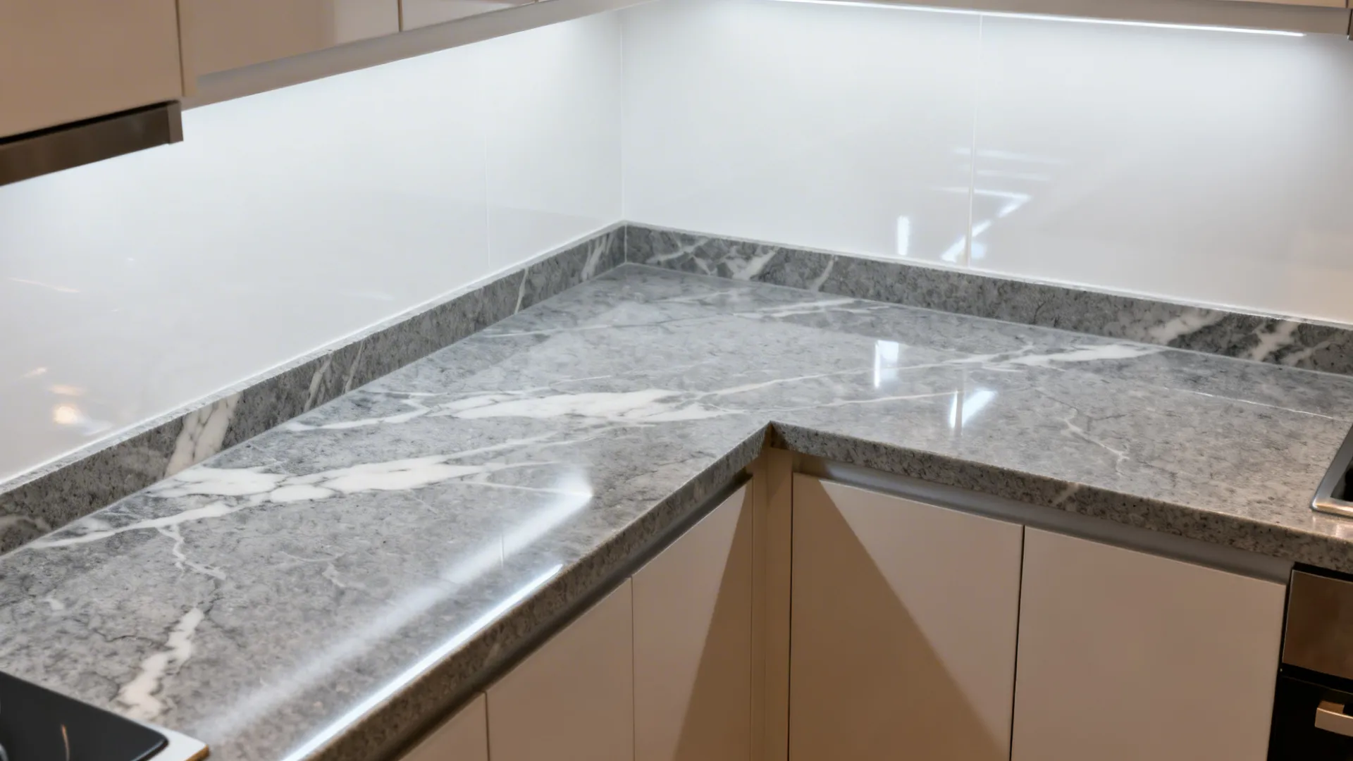 Grey marble-look engineered countertop with delicate veining in a compact kitchen with simple cabinets.