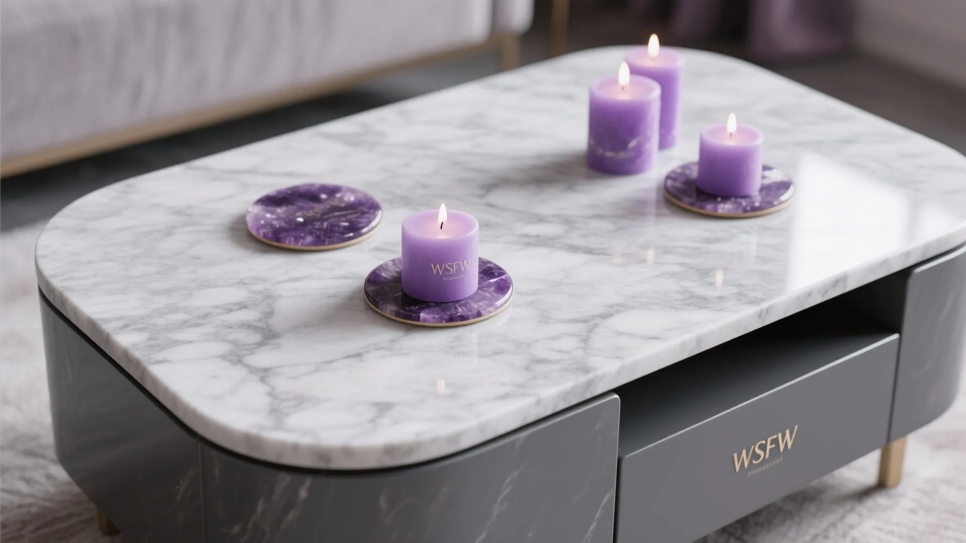7. Grey Marble Coffee Table with Purple Decor Accents