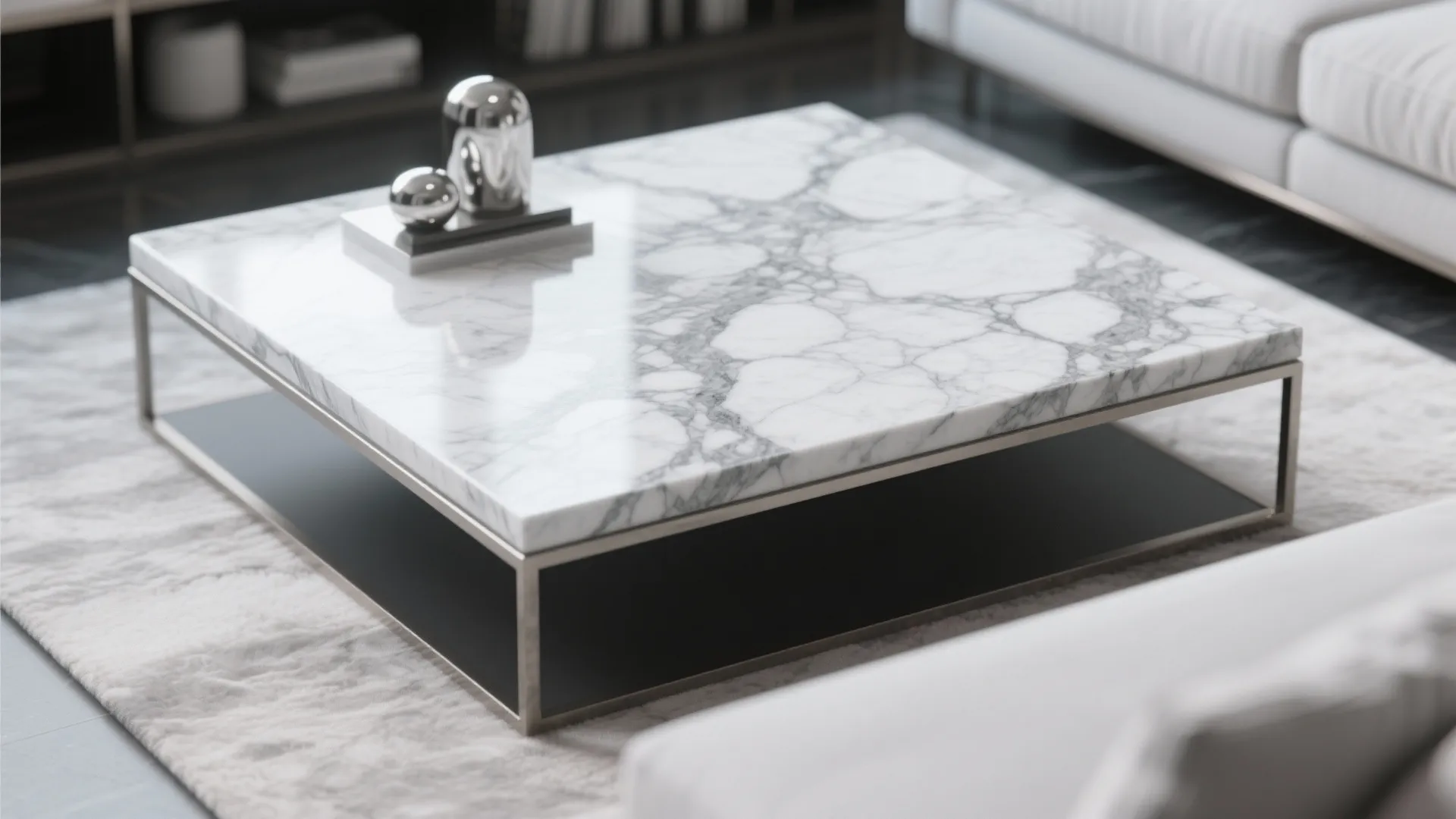 Close-up of grey-veined marble coffee table with silver decor
