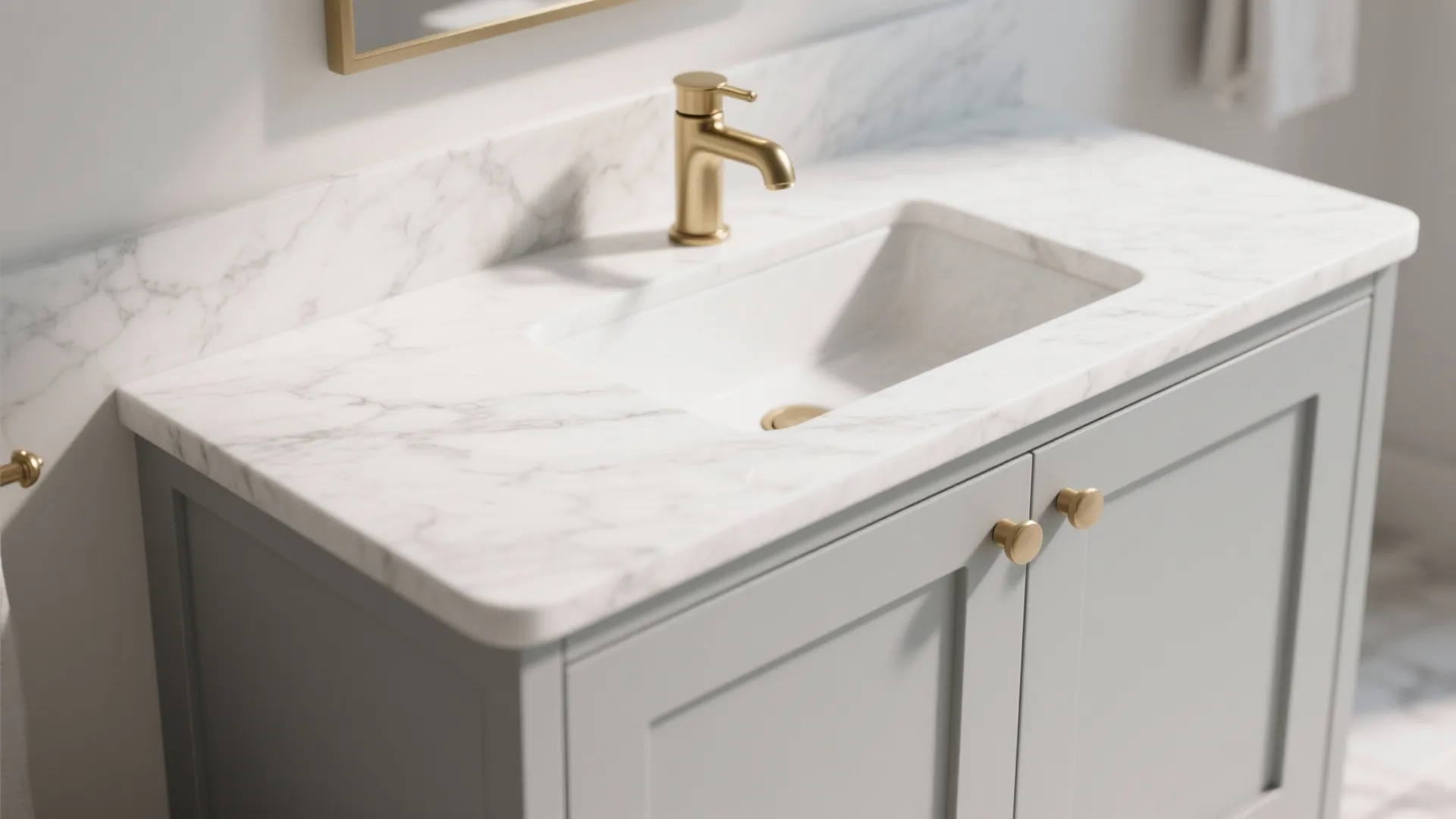 Close up of white marble sink counter with gold water tap on grey bathroom cabinet