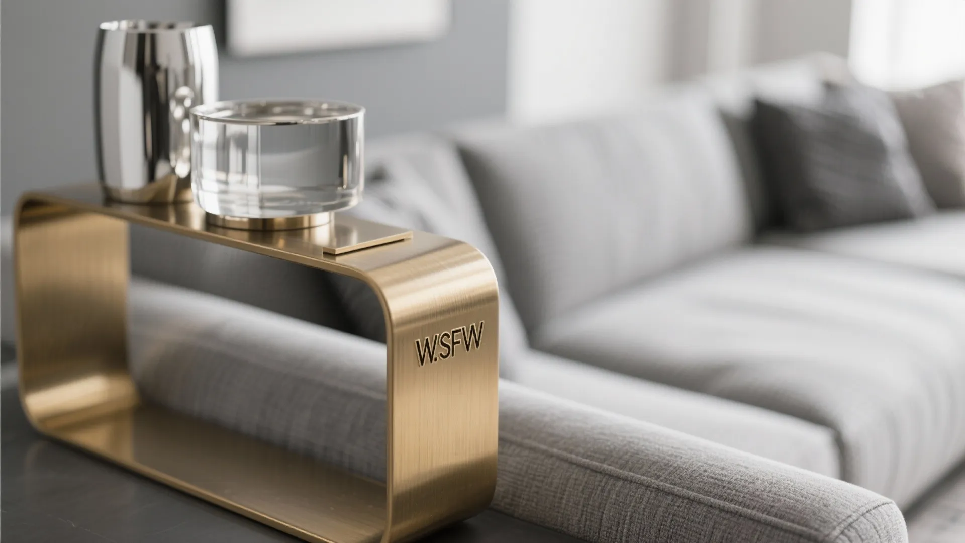 Macro detail of metallic decor in a grey living room