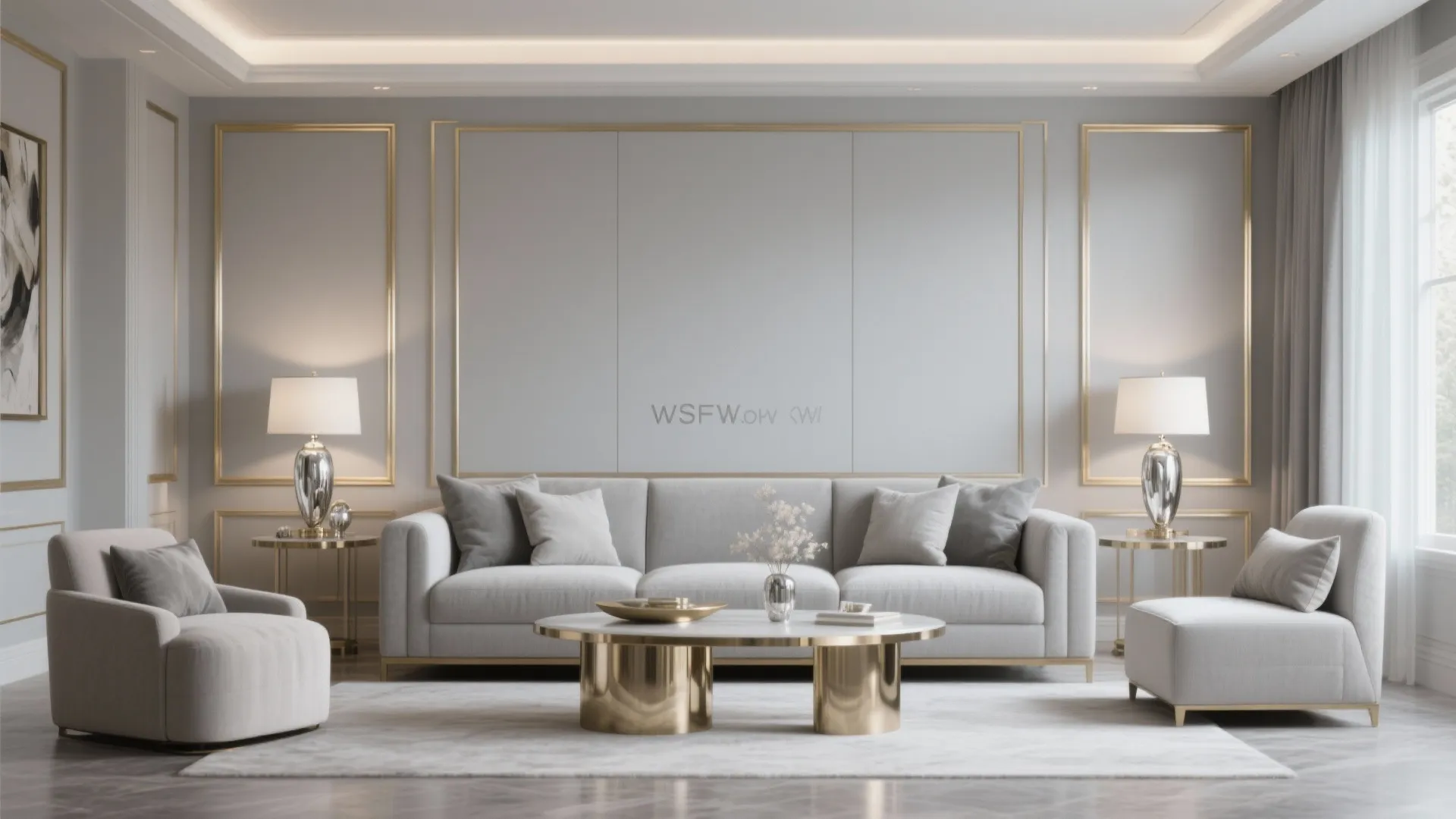 Grey living room with gold and silver metallic accents