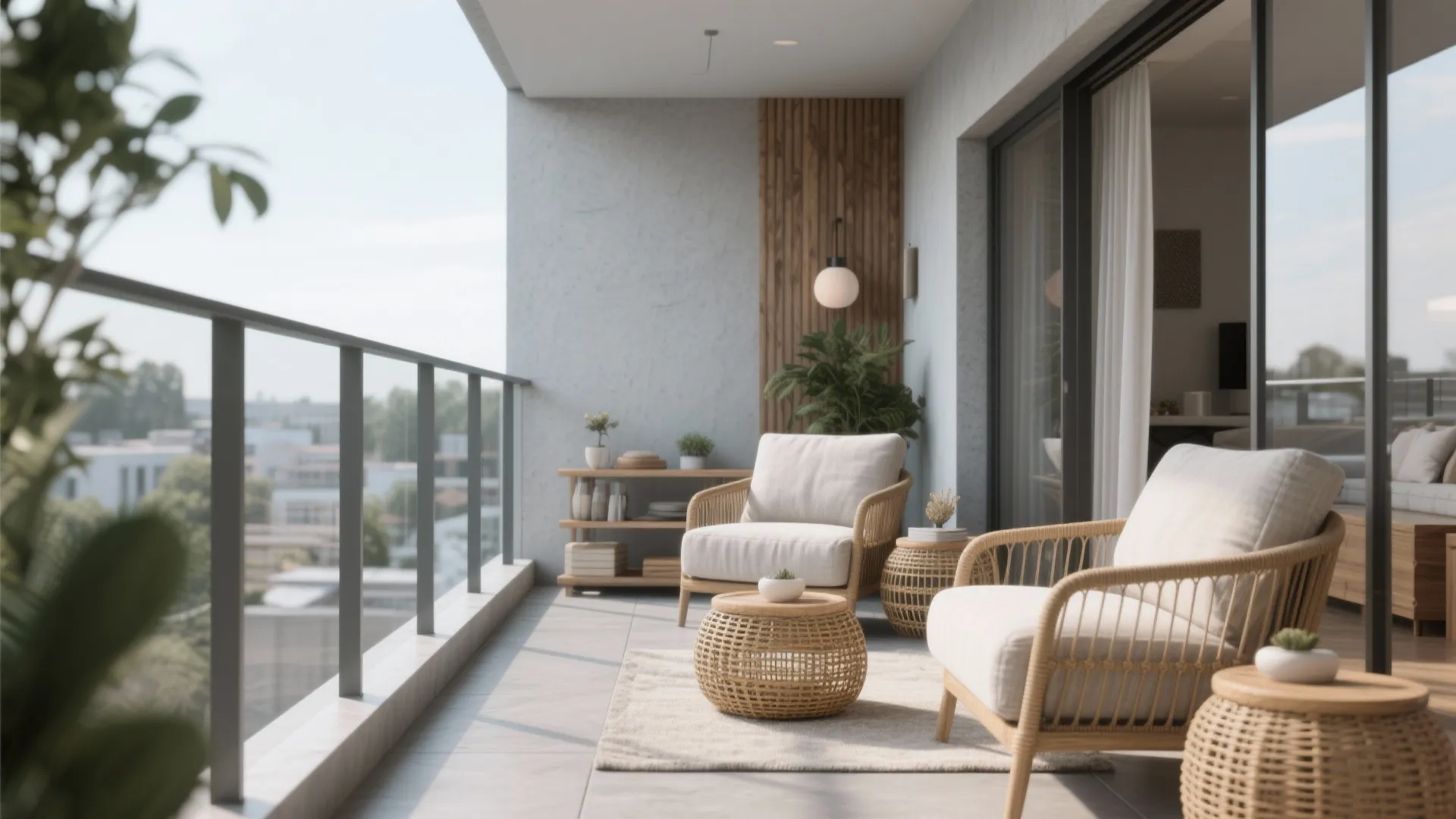 Modern balcony featuring wicker chairs small round tables wooden wall panels and a white rug