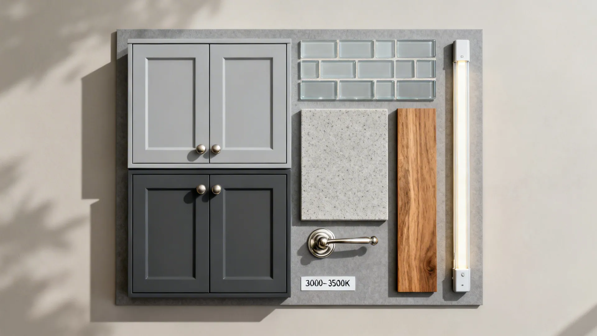 Top-down flatlay of coordinated grey cabinet, stone, glass, hardware, and oak samples.