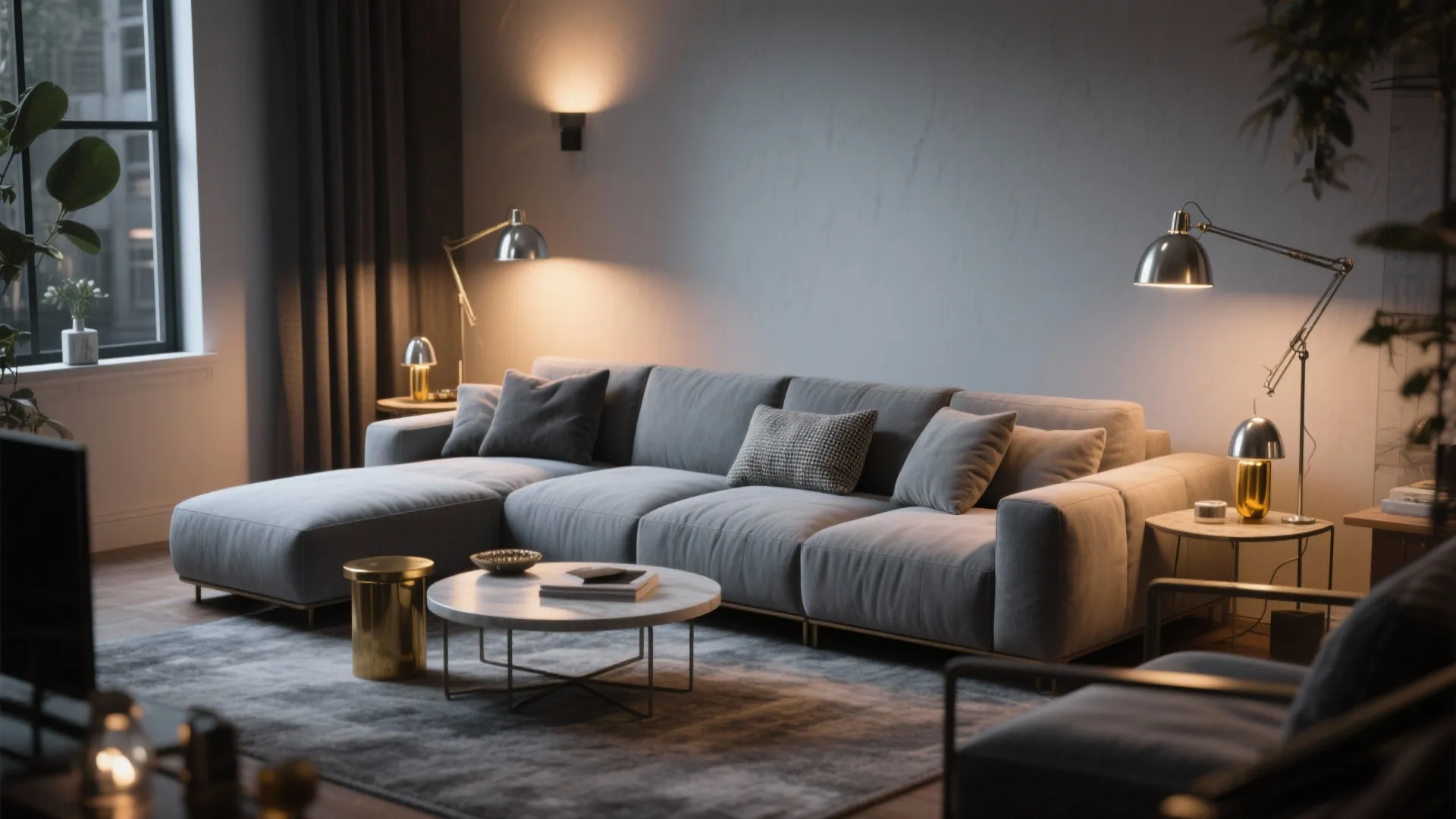 Elegant living room with grey sofa marble coffee table gold side tables and wall light