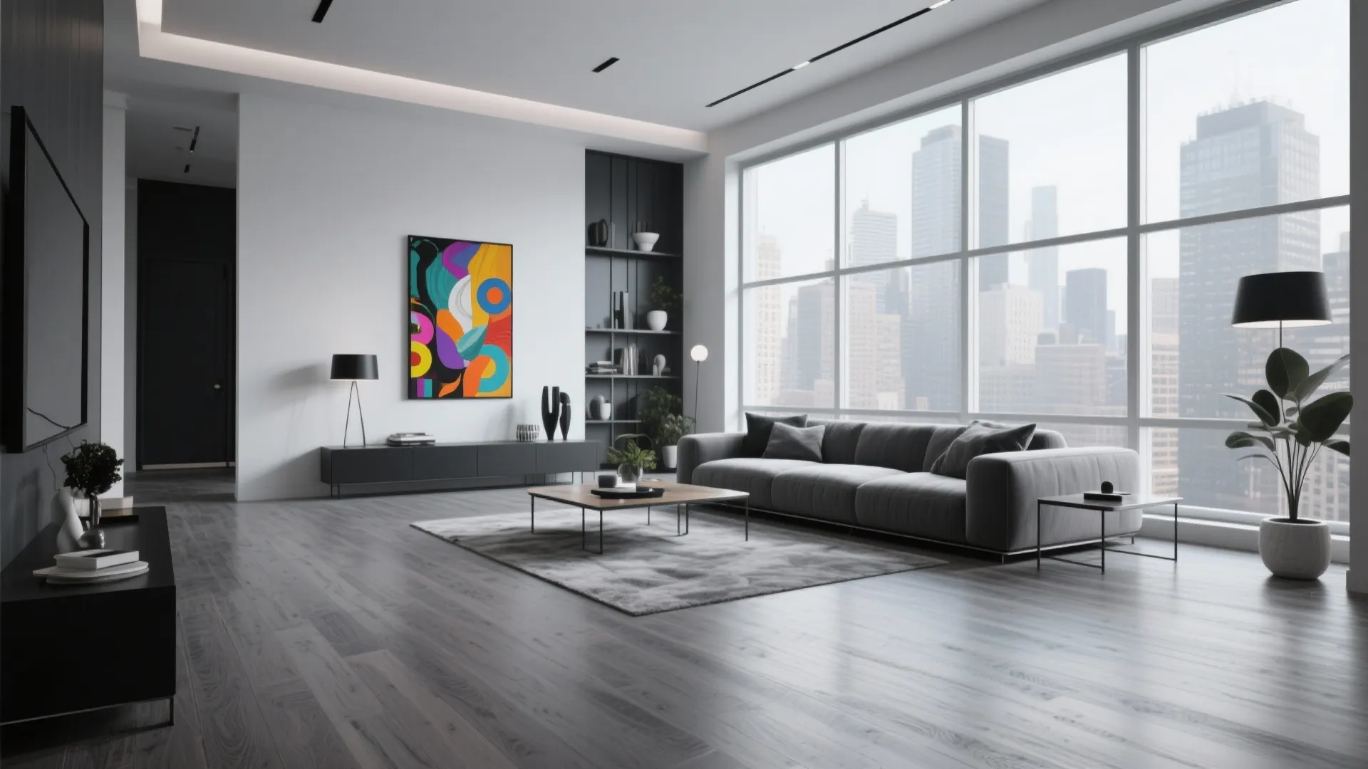 Urban living room with grey-toned hardwood flooring and modern decor