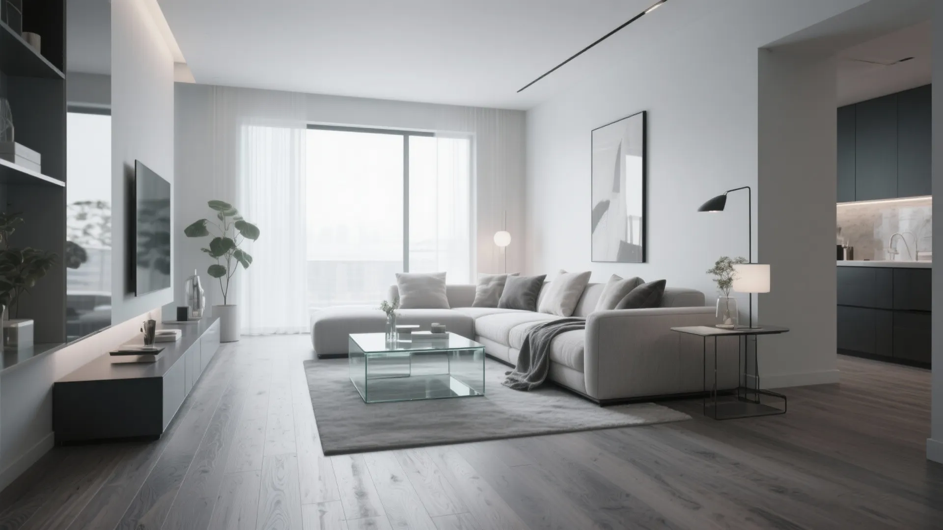 Contemporary living room with grey hardwood floor and glass accents
