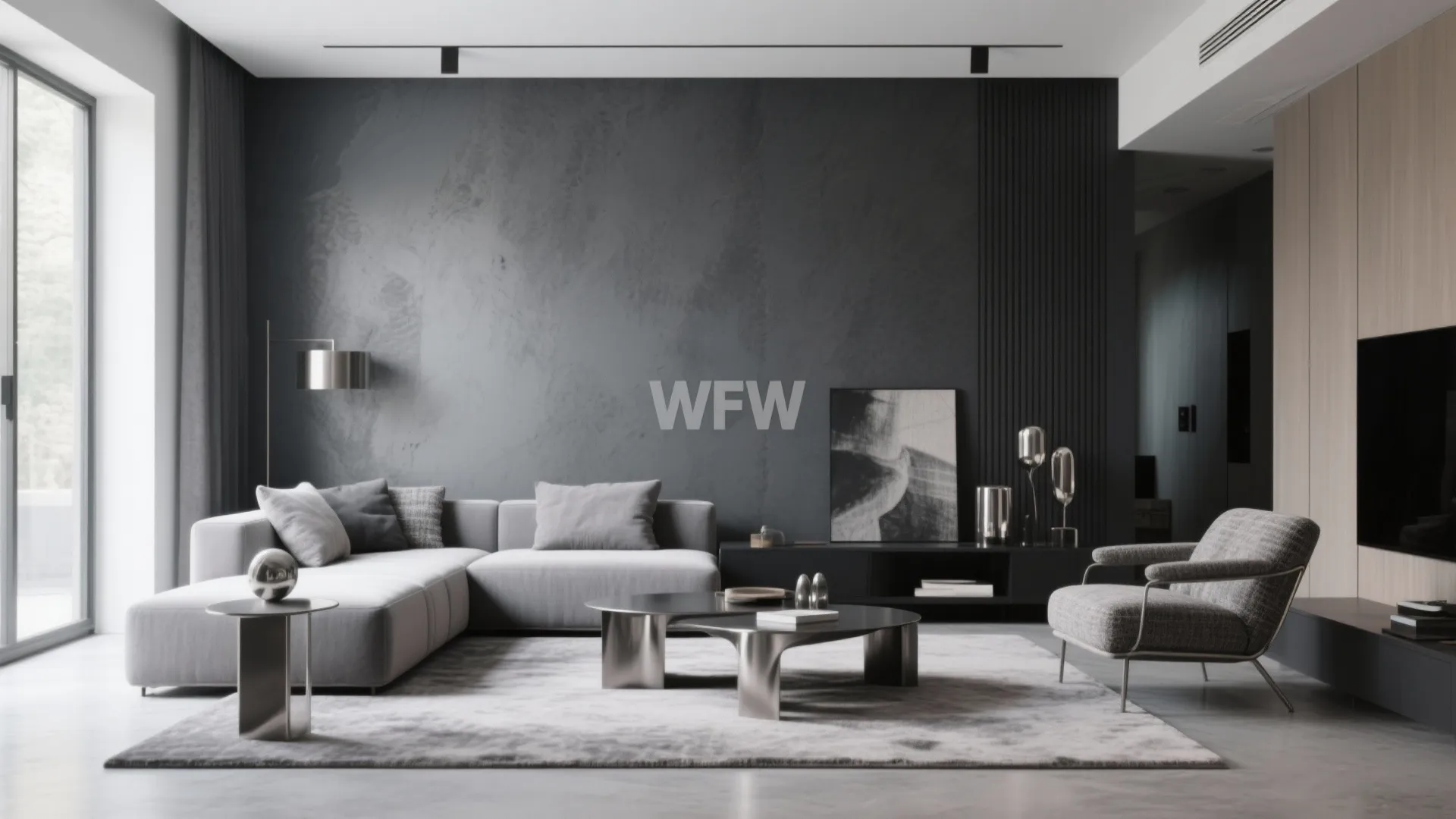 Contemporary grey living room with large sectional sofa metal coffee tables and textured wall design