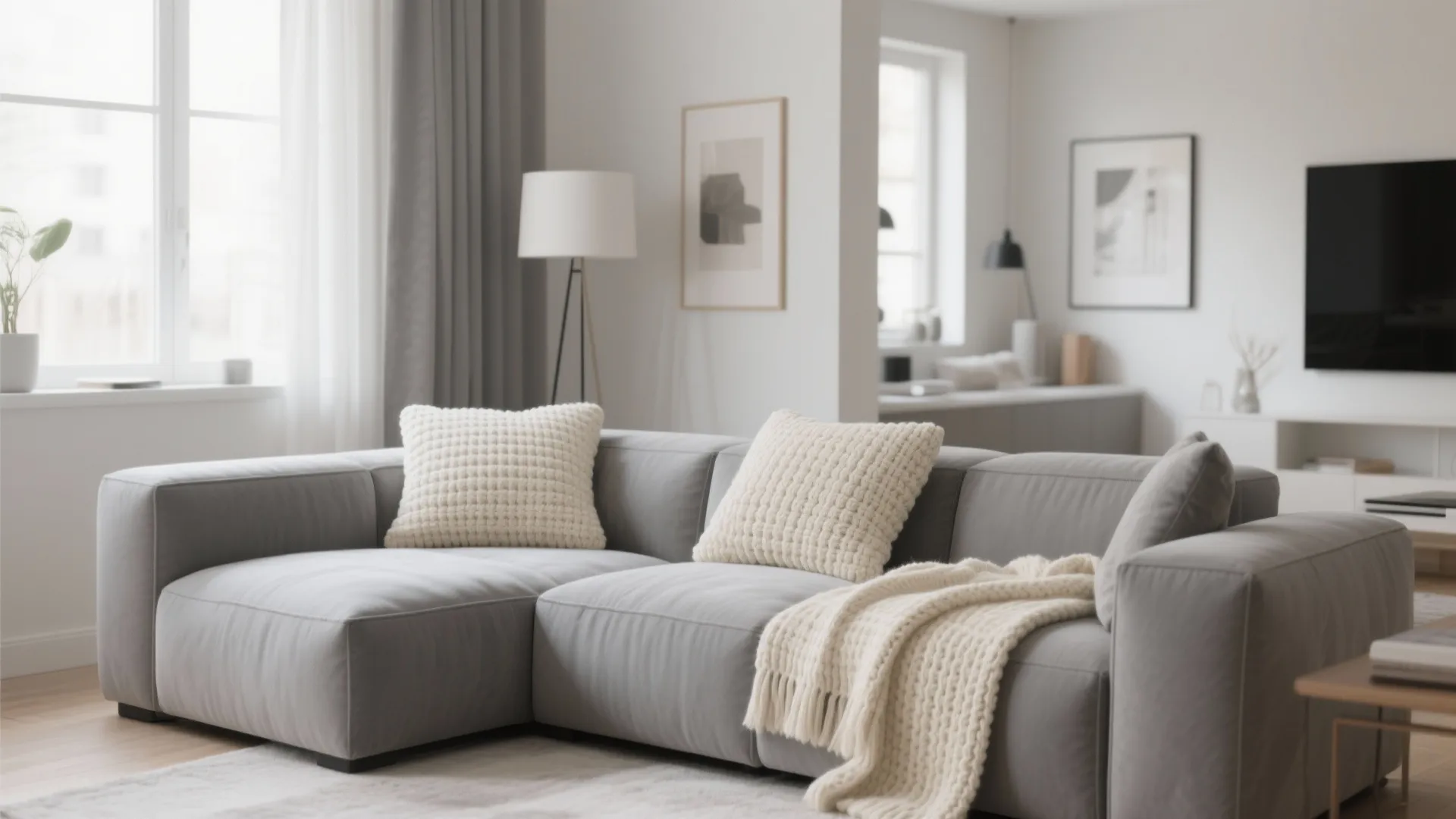 5. Grey Modular Sofa with Cream Throws
