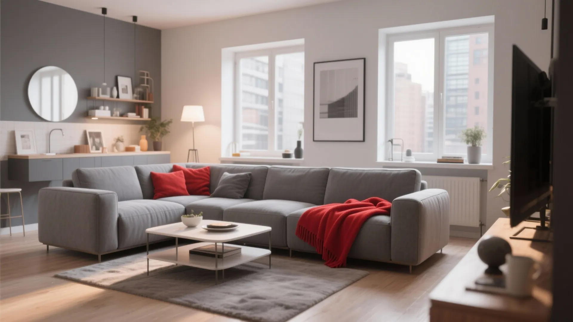 Grey sofa with red pillows and red blanket on a rug in a bright room