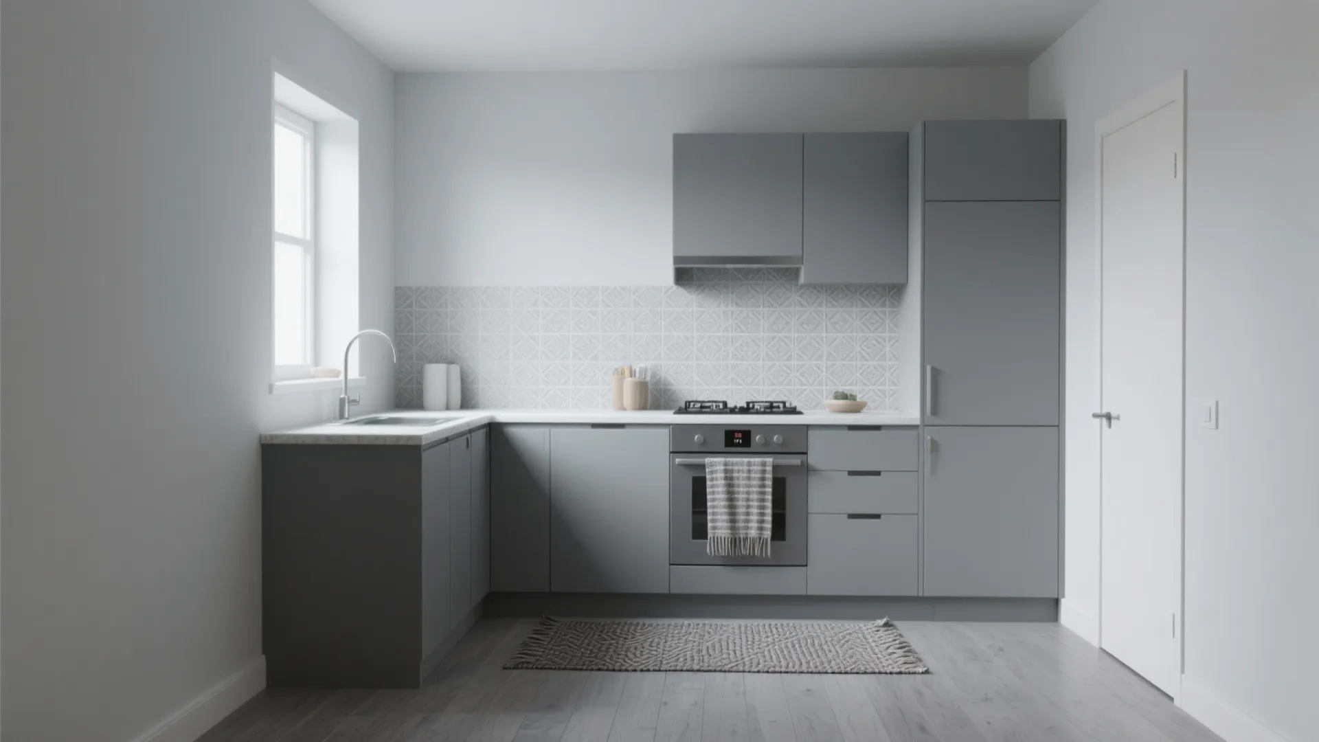 Modern grey kitchen cabinets with white countertop and patterned backsplash tiles near a bright window