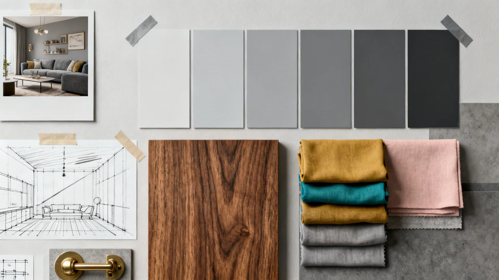 Flatlay moodboard with grey paint swatches, wood samples, fabrics and brass accents