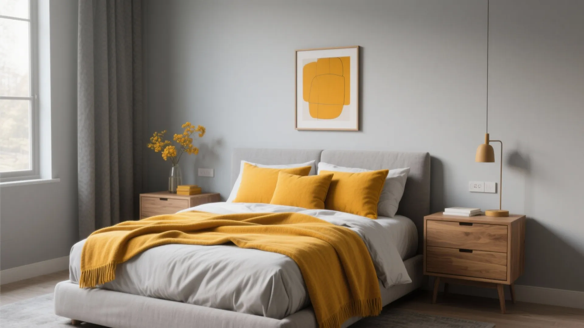 5. Grey plus mustard or ochre for energy