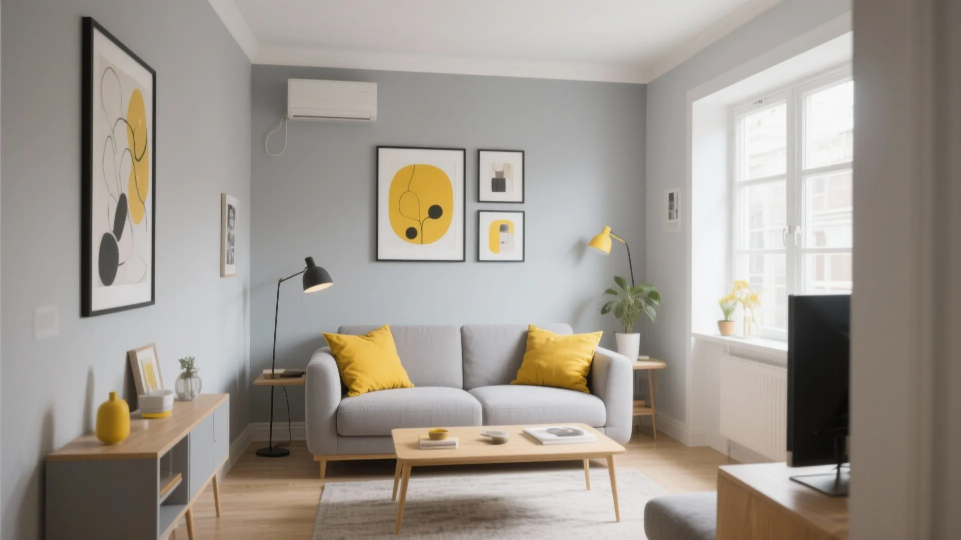 Grey living room with mustard cushions and art
