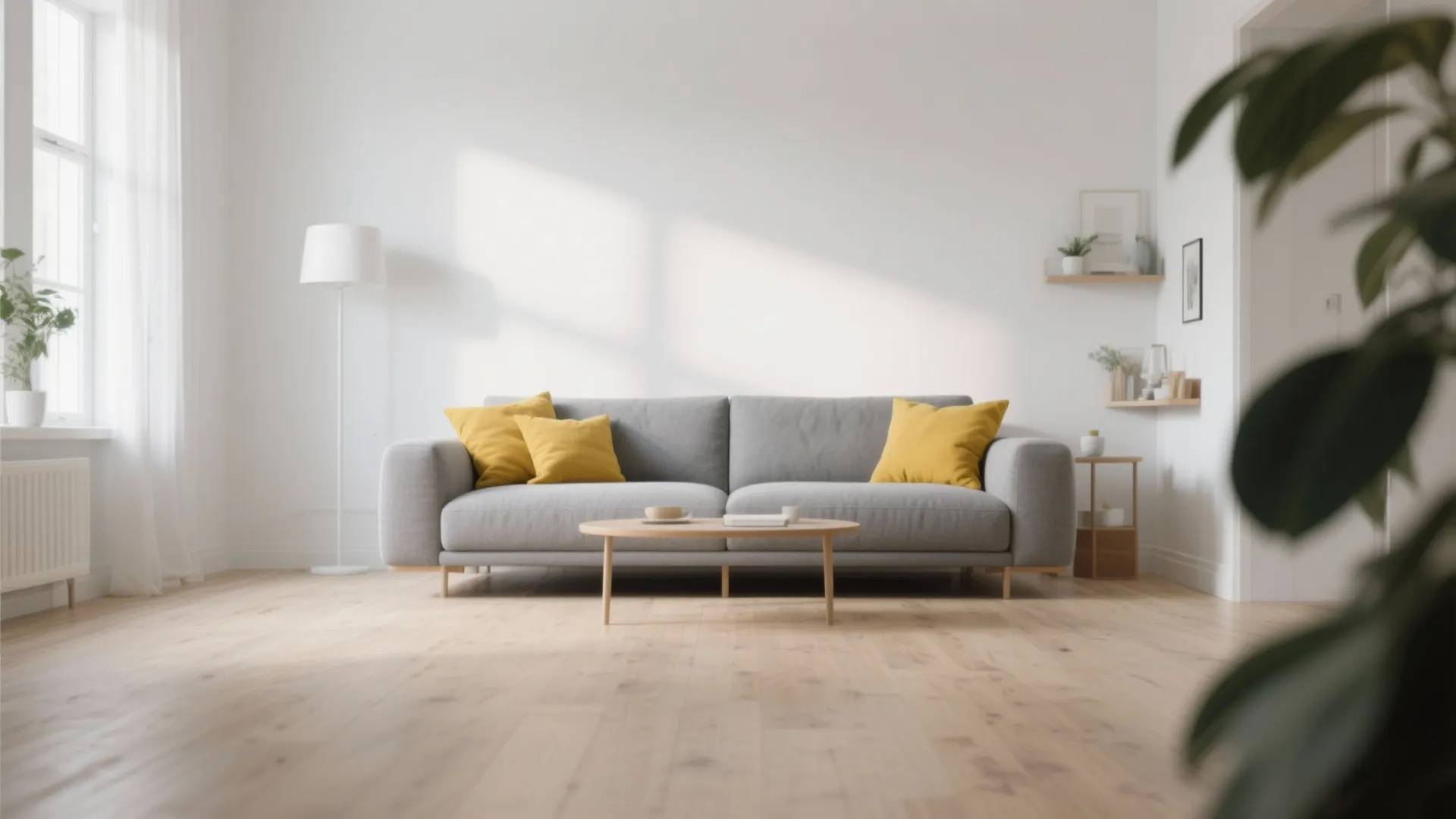 Grey sofa with mustard yellow cushions in modern lounge