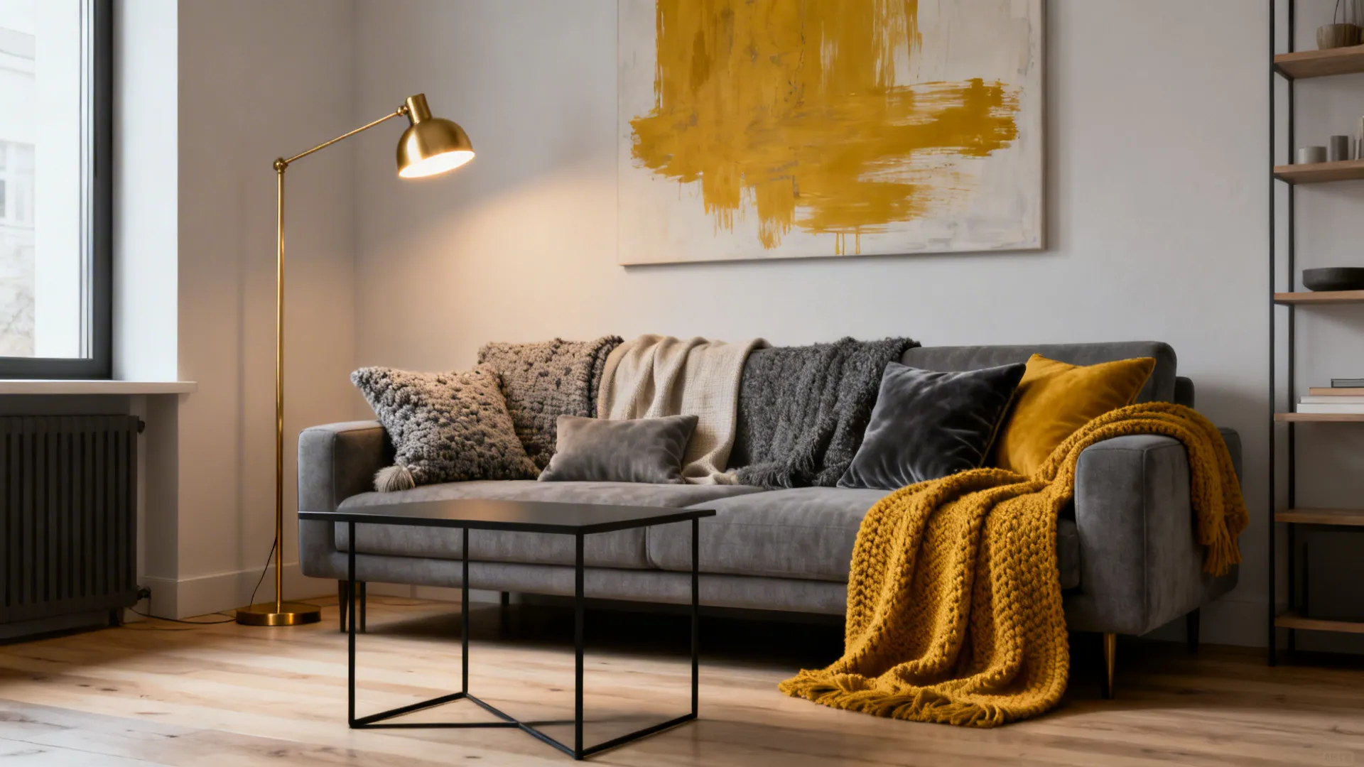 Modern living room featuring grey sofa with yellow cushions floor lamp and yellow abstract painting
