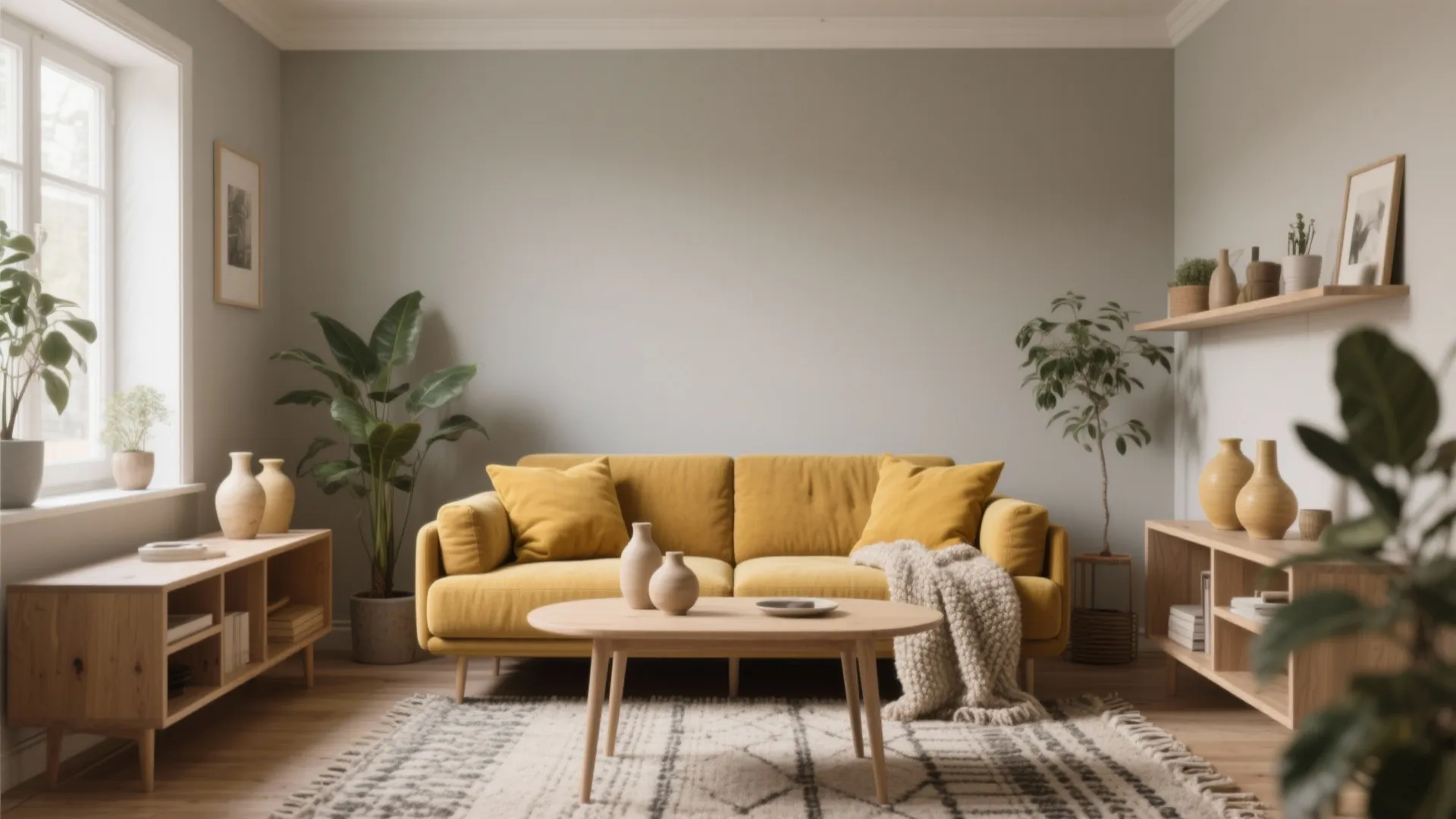 Soft Grey + Mustard Yellow Living Room