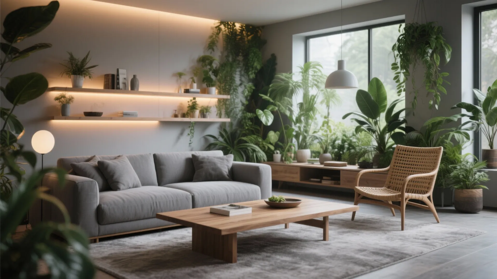 Modern living room featuring grey sofa wooden coffee table woven chair and many indoor green plants