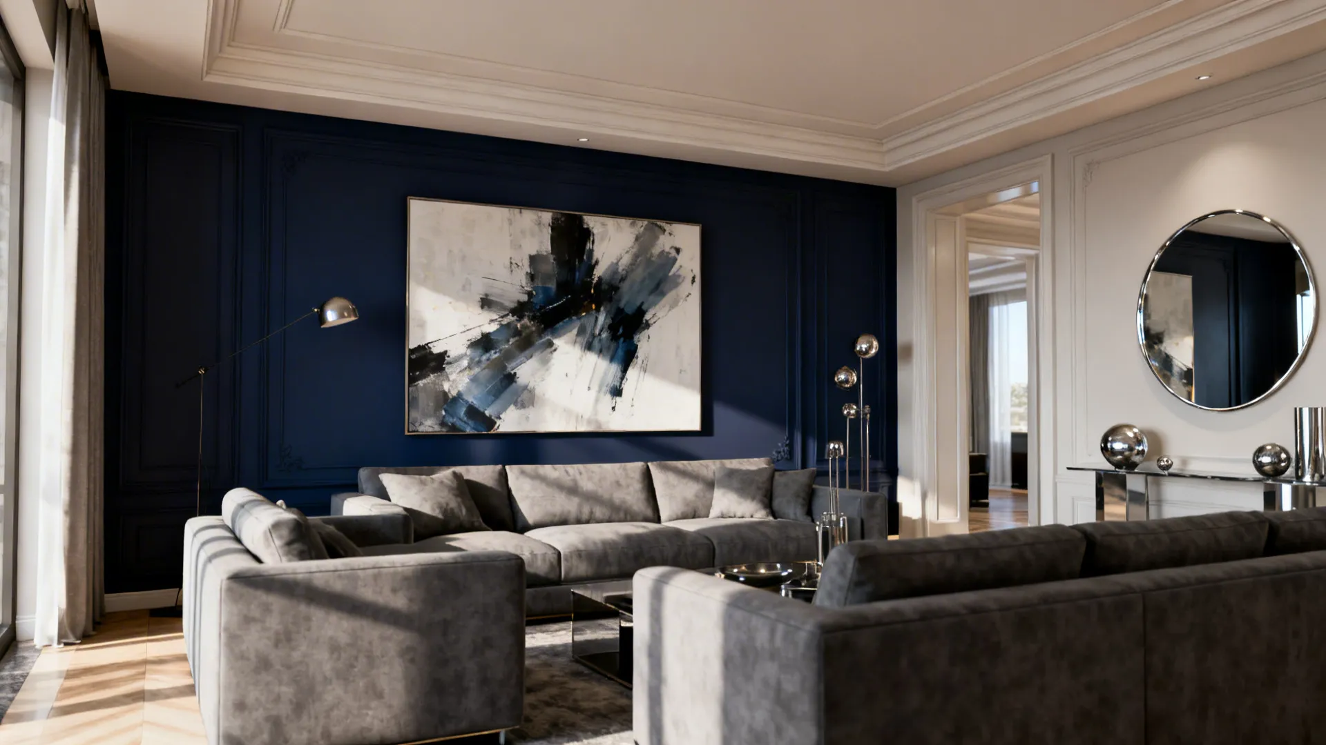 Grey sofa in front of a deep navy accent wall with oversized abstract art and reflective decor.