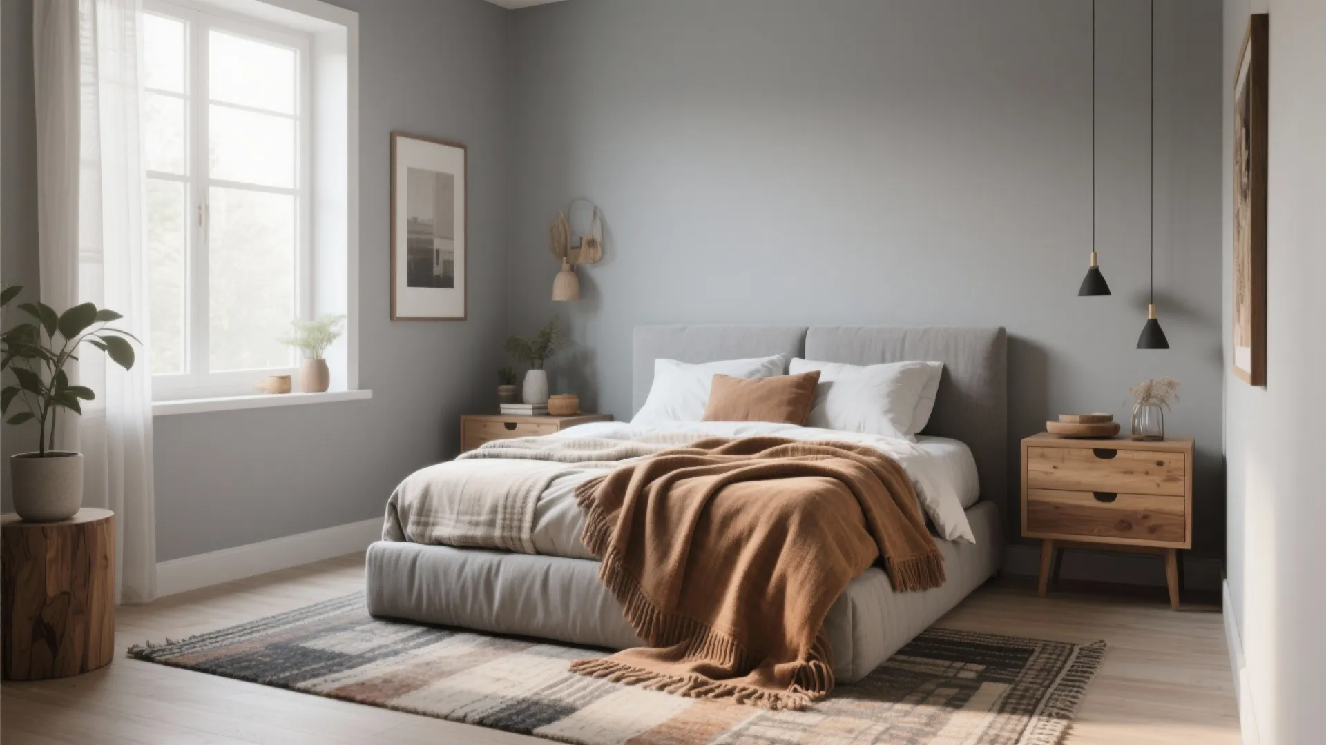 Grey bedroom with large window, wooden side tables, hanging black lights, and brown bed throw