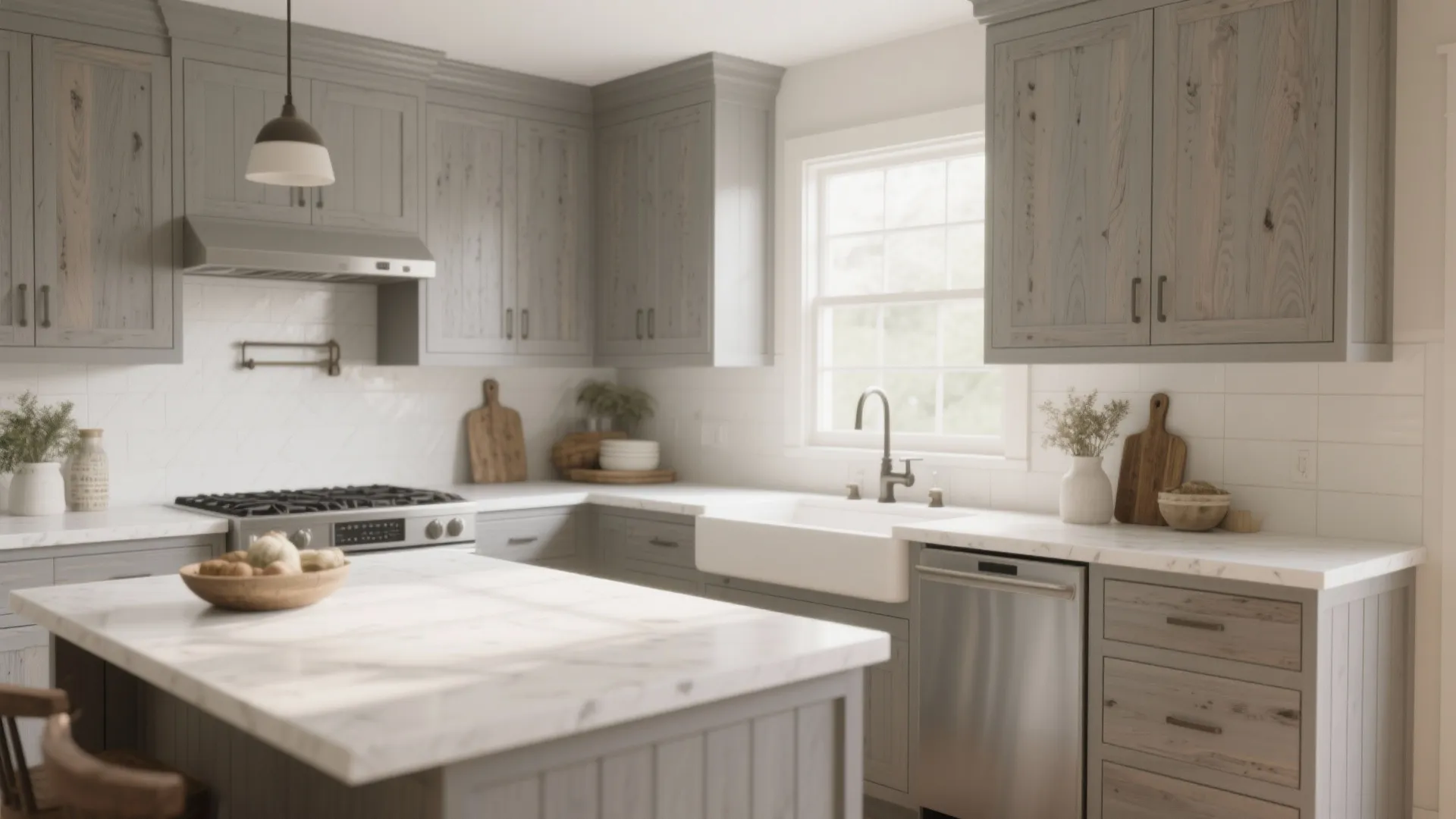 Modern farmhouse kitchen with grey wood cabinets white marble island sink window and stainless steel dishwasher