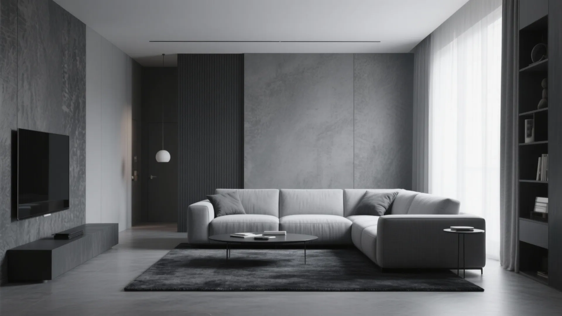 Modern living room with grey wall panel, white sofa, dark rug, television, and bookshelf unit