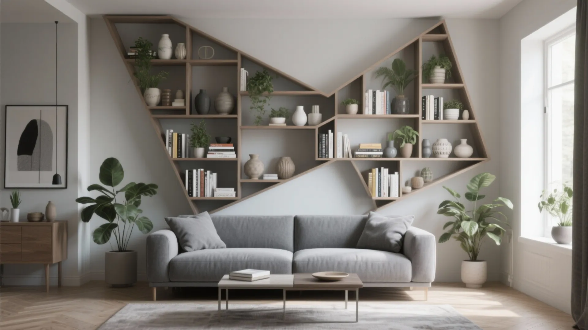 6. Grey Sofa with Open Shelving Display