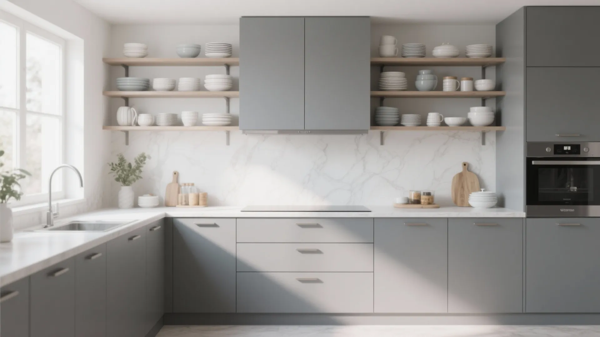 6. Grey Cabinets with Open Shelving