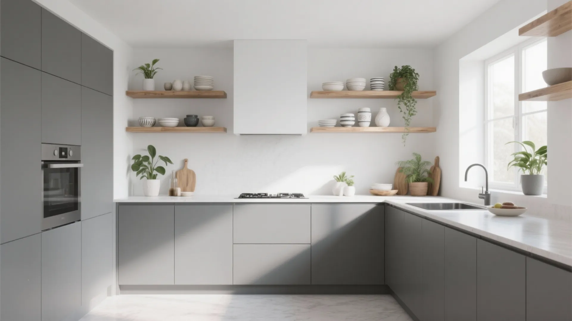 Modern grey kitchen featuring wooden open shelves with white ceramic bowls plants and natural sunlight