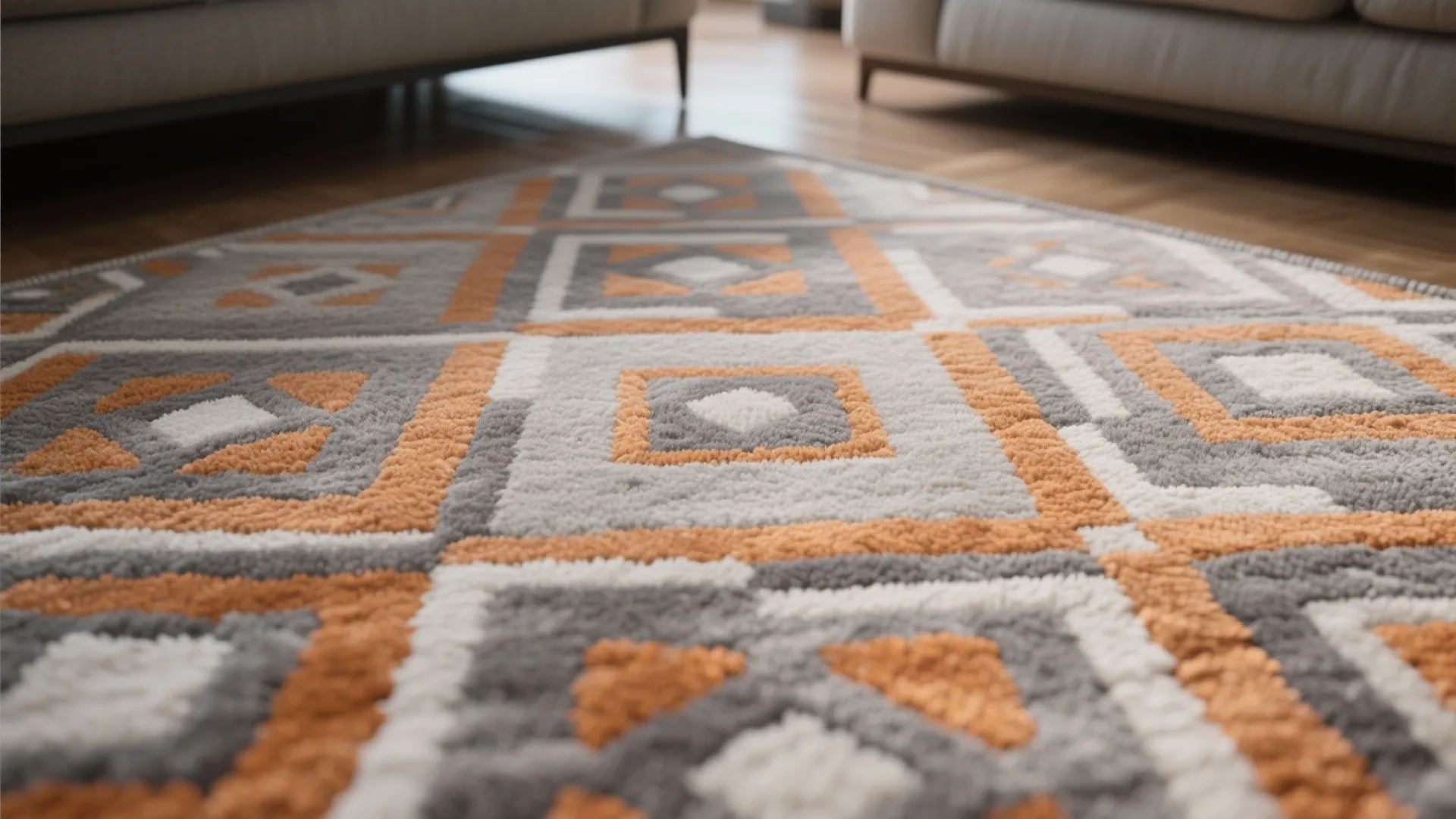 4. Grey-Orange Geometric Rug as Focal Point
