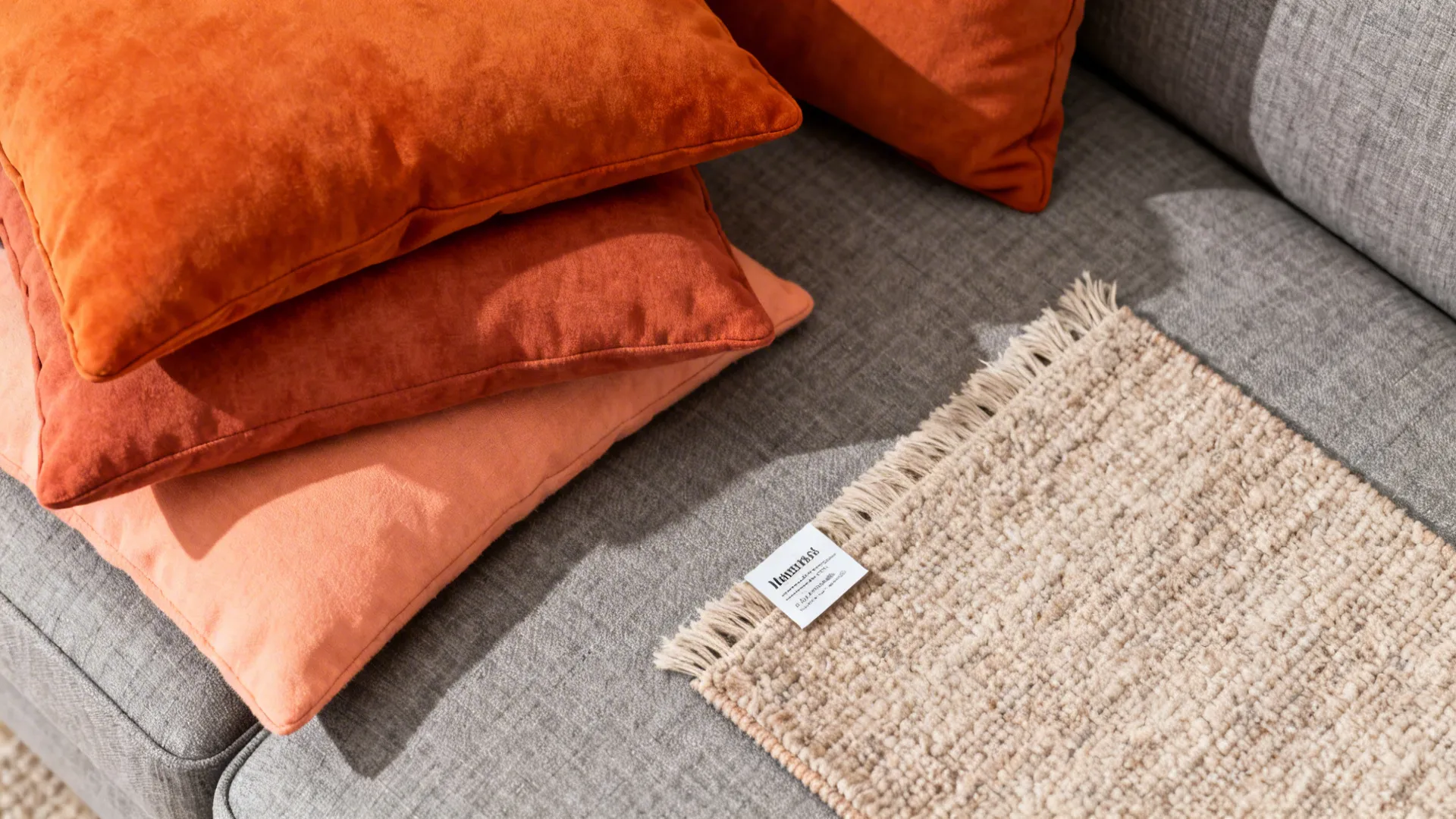 Flatlay of grey upholstery with layered orange cushions and rug swatches for small living rooms.