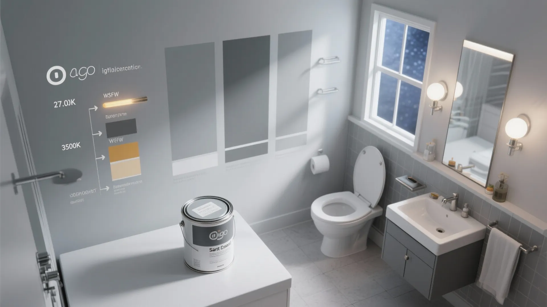 Bathroom interior design drawing showing grey paint color testing on wall with toilet and sink