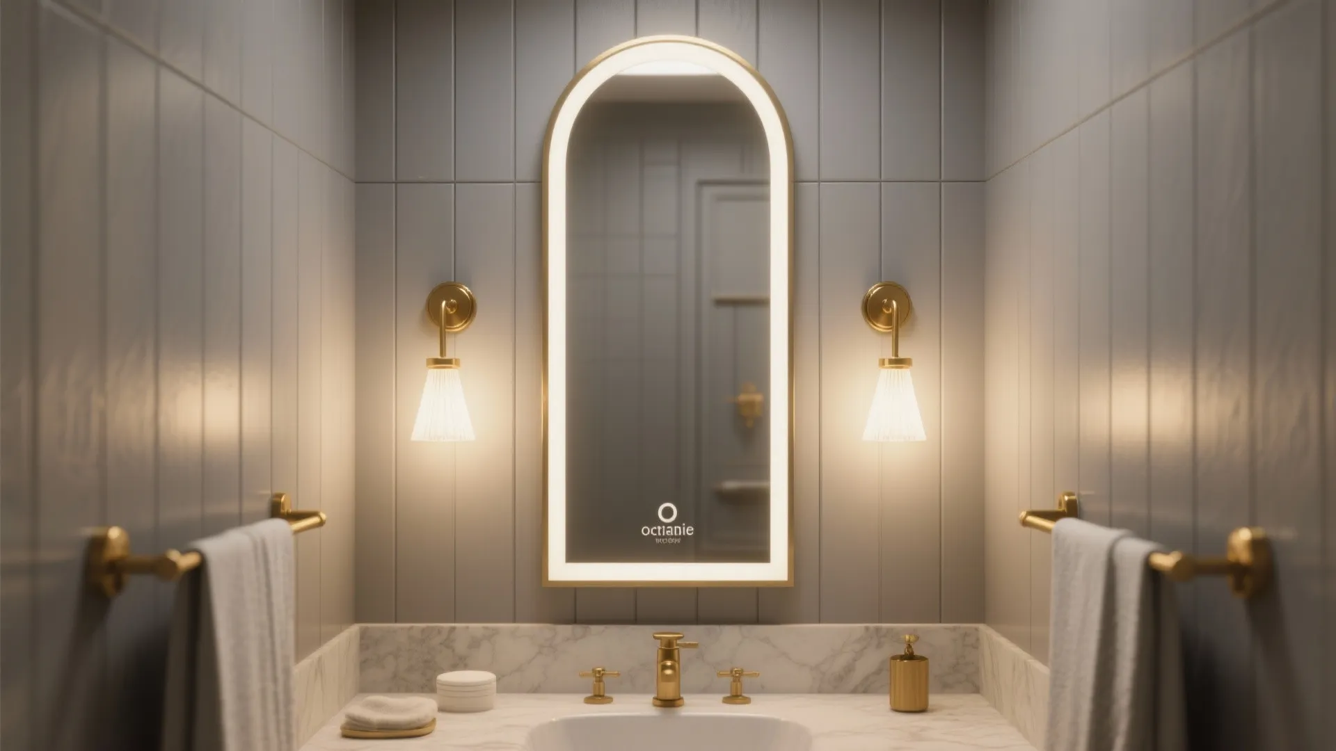 Luxury bathroom vanity with arched lighted mirror, grey wall panel, gold wall lights and faucets
