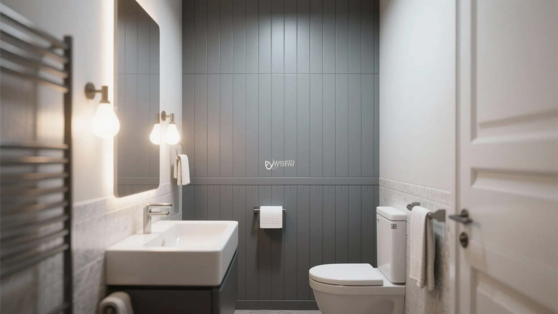 Modern bathroom featuring grey wall panels white sink and toilet with warm wall light fixture