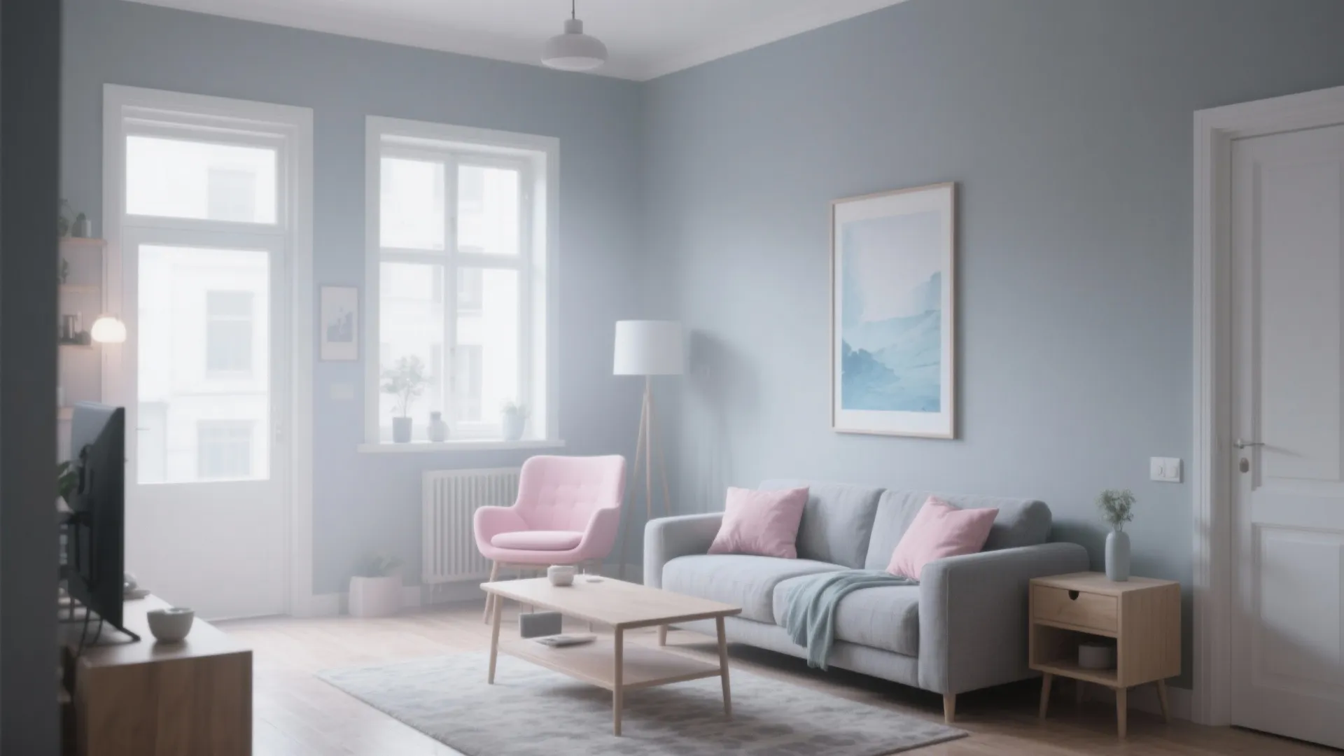 Light blue living room with grey sofa, pink pillows, pink armchair, wooden table, and rug
