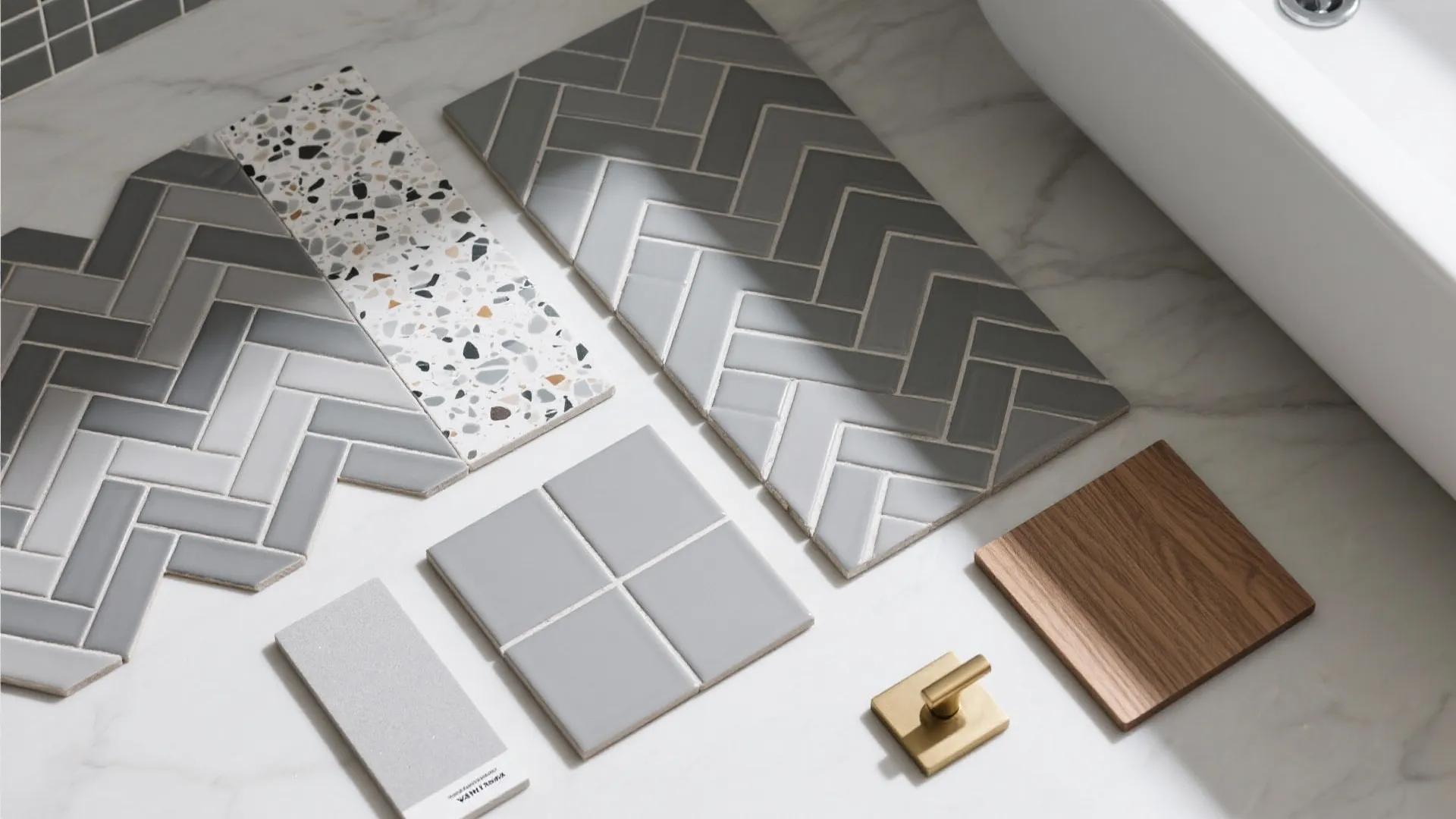 Pattern play: herringbone, terrazzo, and mixed greys