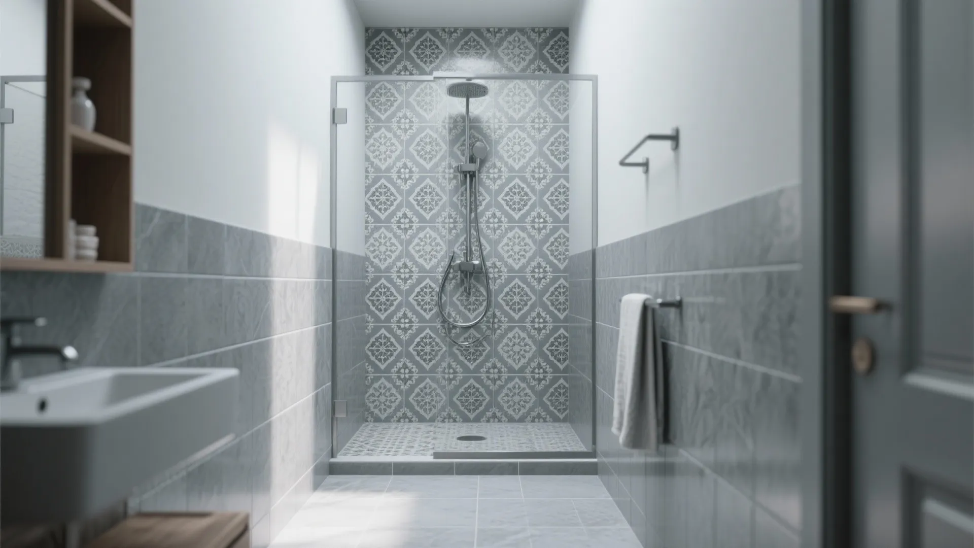 Modern bathroom shower area with grey patterned wall tiles glass door white sink and towel