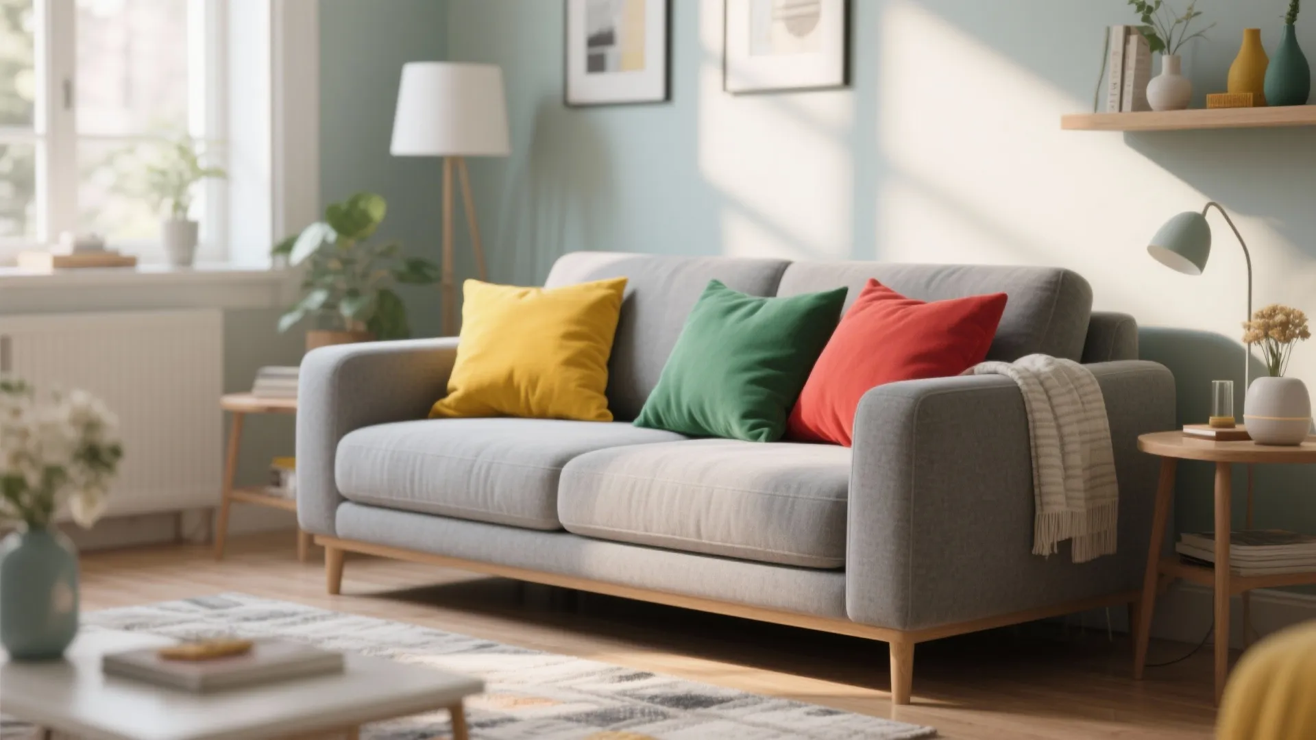 5. Grey Sofa with Colorful Throw Pillows