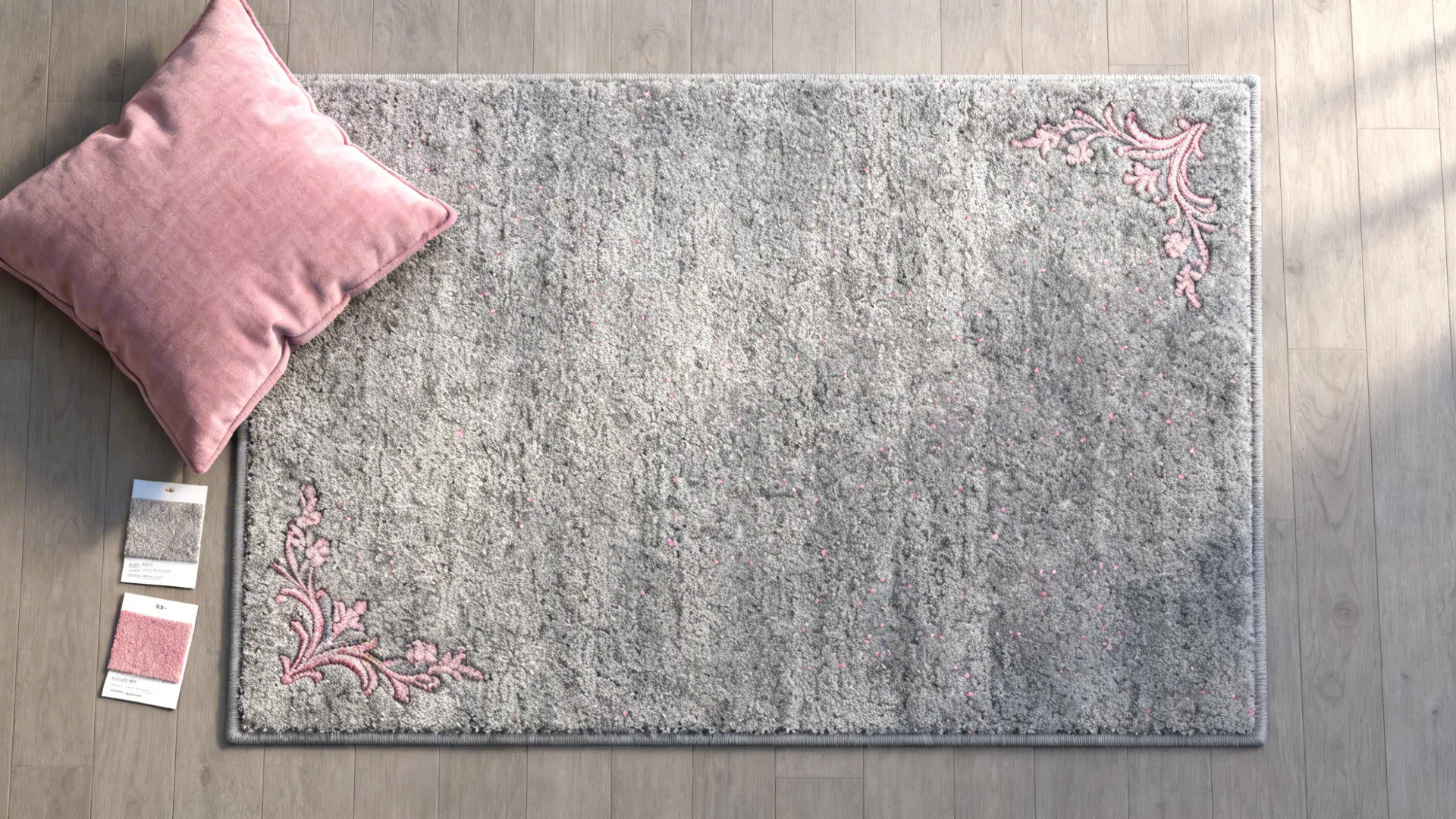 Flatlay of grey rug swatch with subtle pink flecks alongside coordinating pillow swatch
