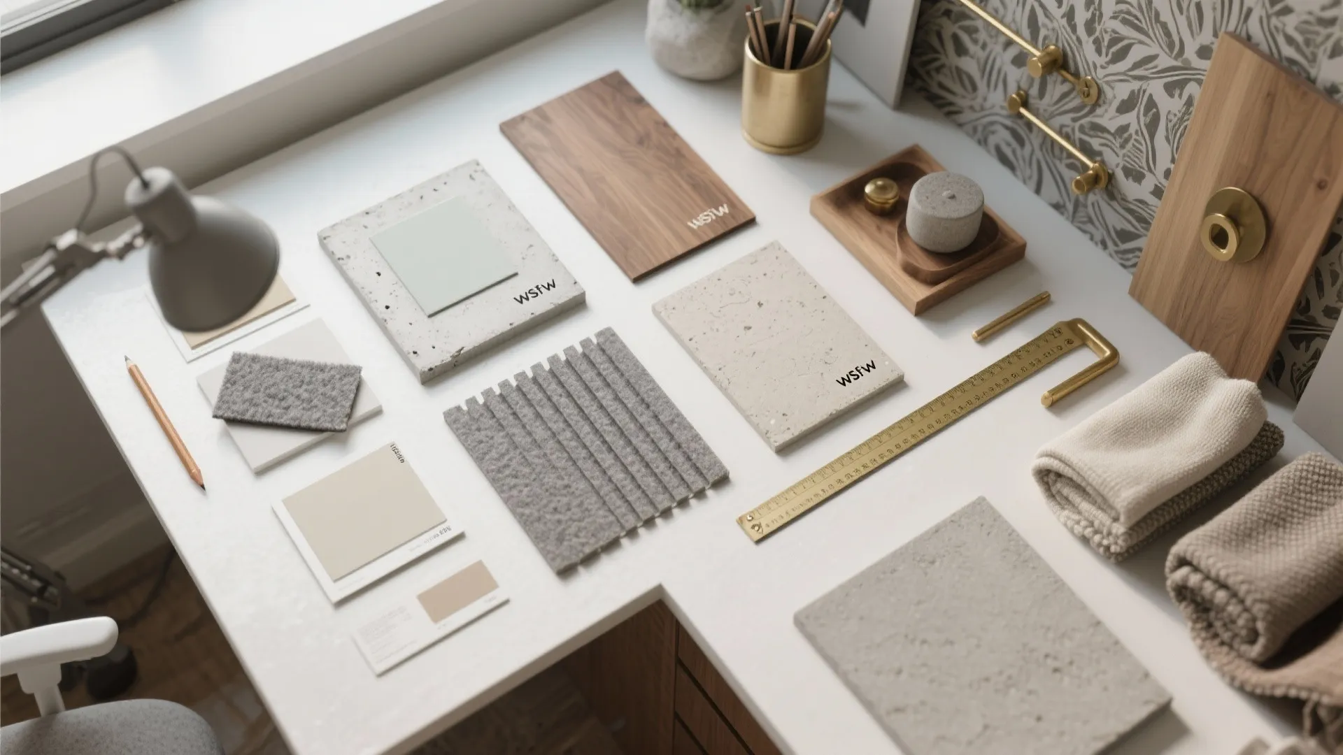 Interior design mood board with material samples fabric swatches wood pieces and gold ruler on desk