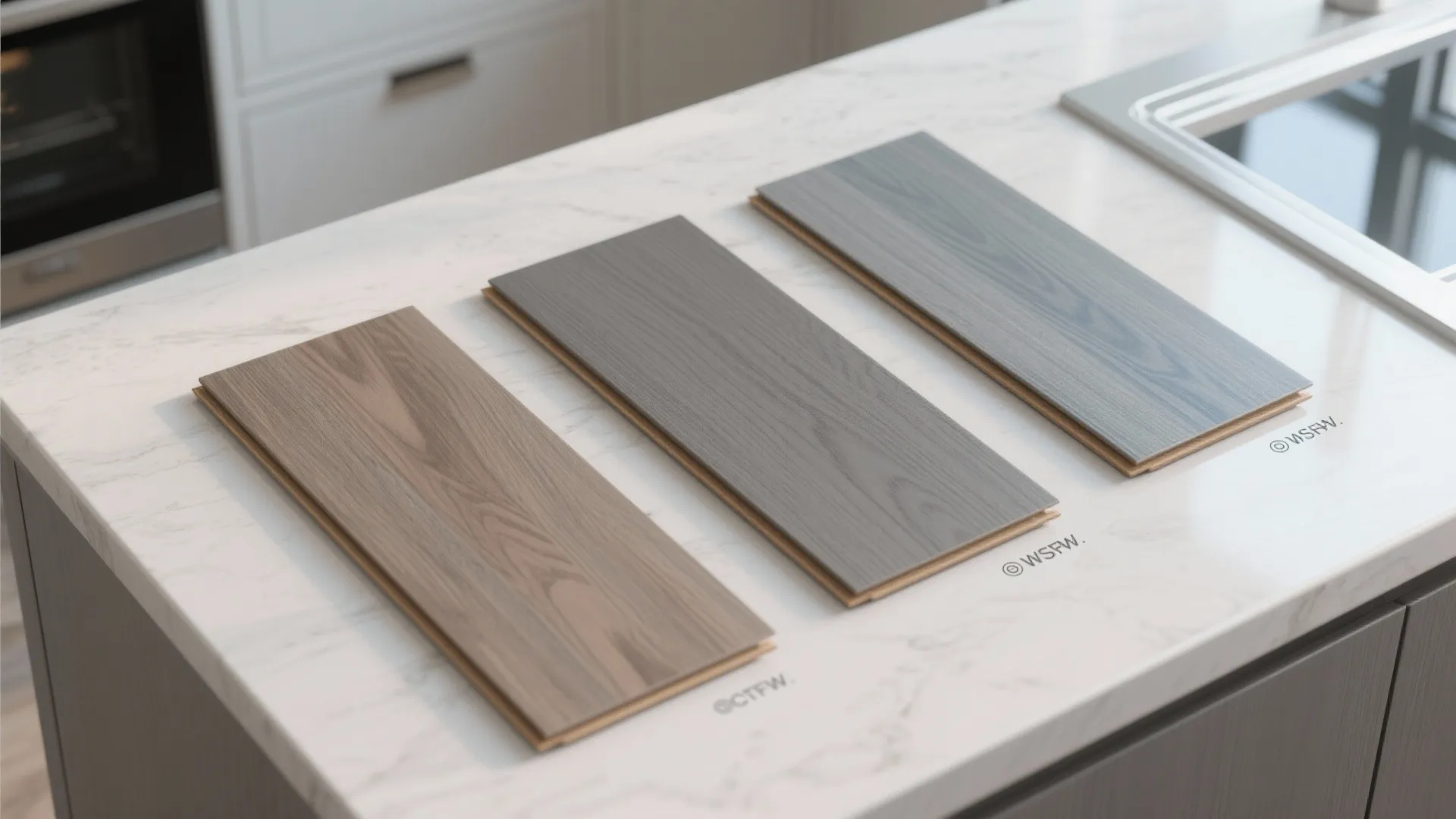 Three grey laminate plank samples showing warm, neutral, and cool undertones beside cabinet swatches.