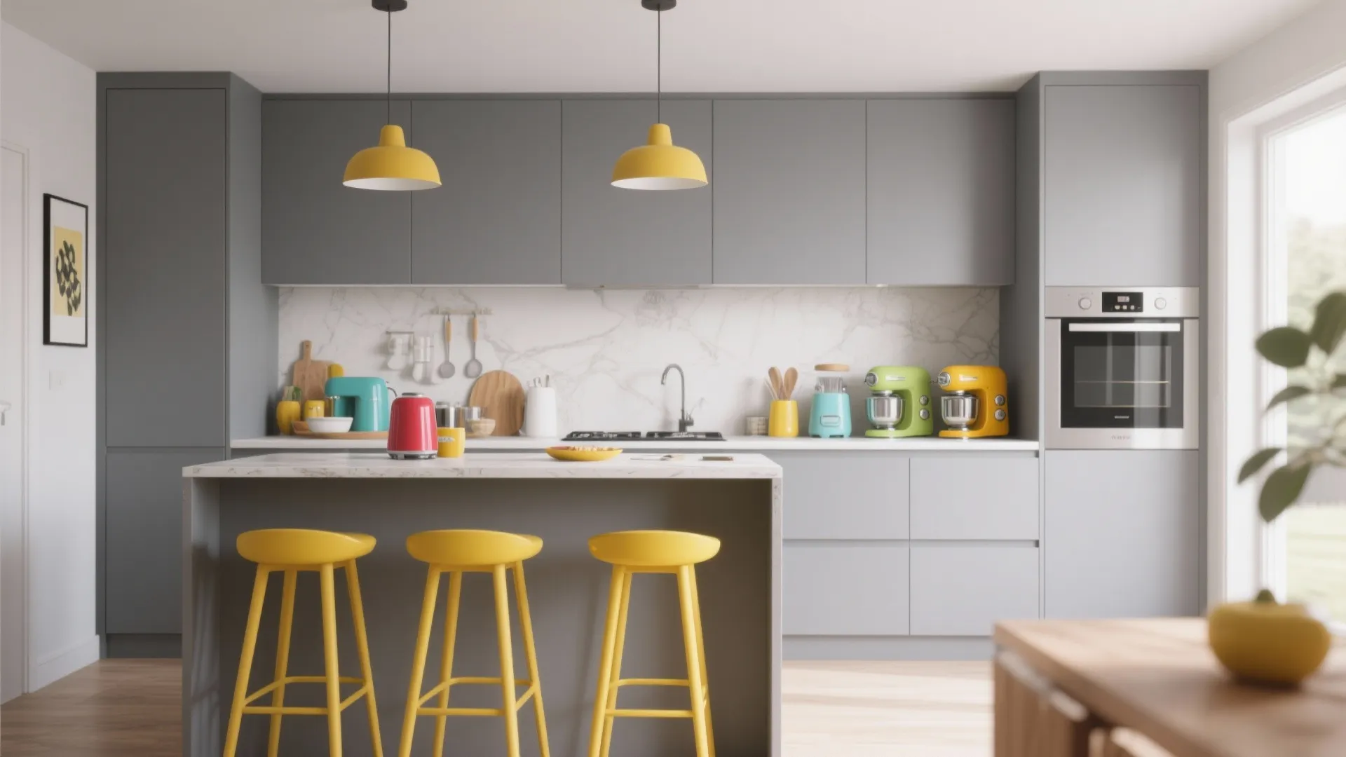 Grey kitchen featuring yellow bar stools yellow ceiling lights and colorful appliances on white marble countertops